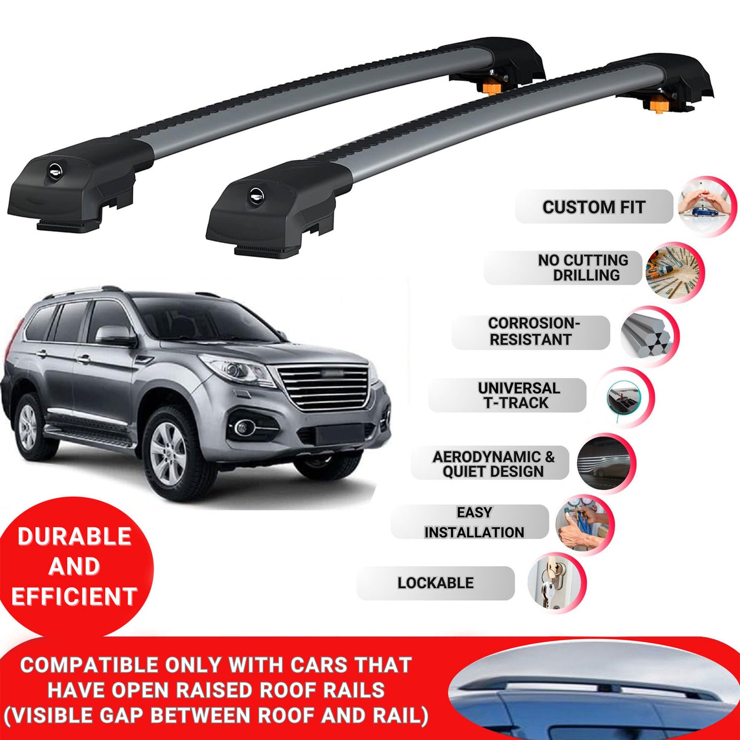 Roof Bar for Great Wall Haval H2 2015-2022 Lockable Roof Rack Cross Bars 2 Pcs Grey