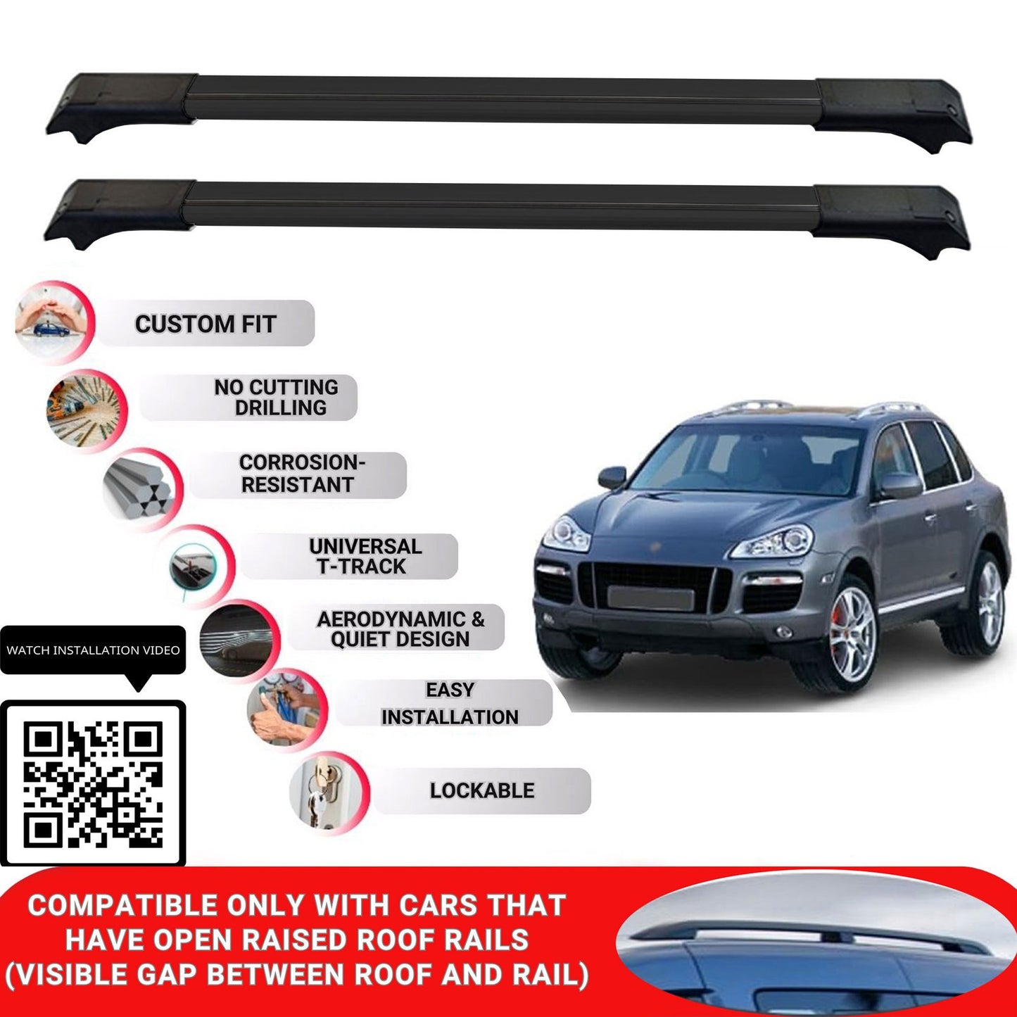 Roof Rack Cross Bars for Porche Cayenne 2002-2009 Lockable Roof Bar 2 Pcs Black