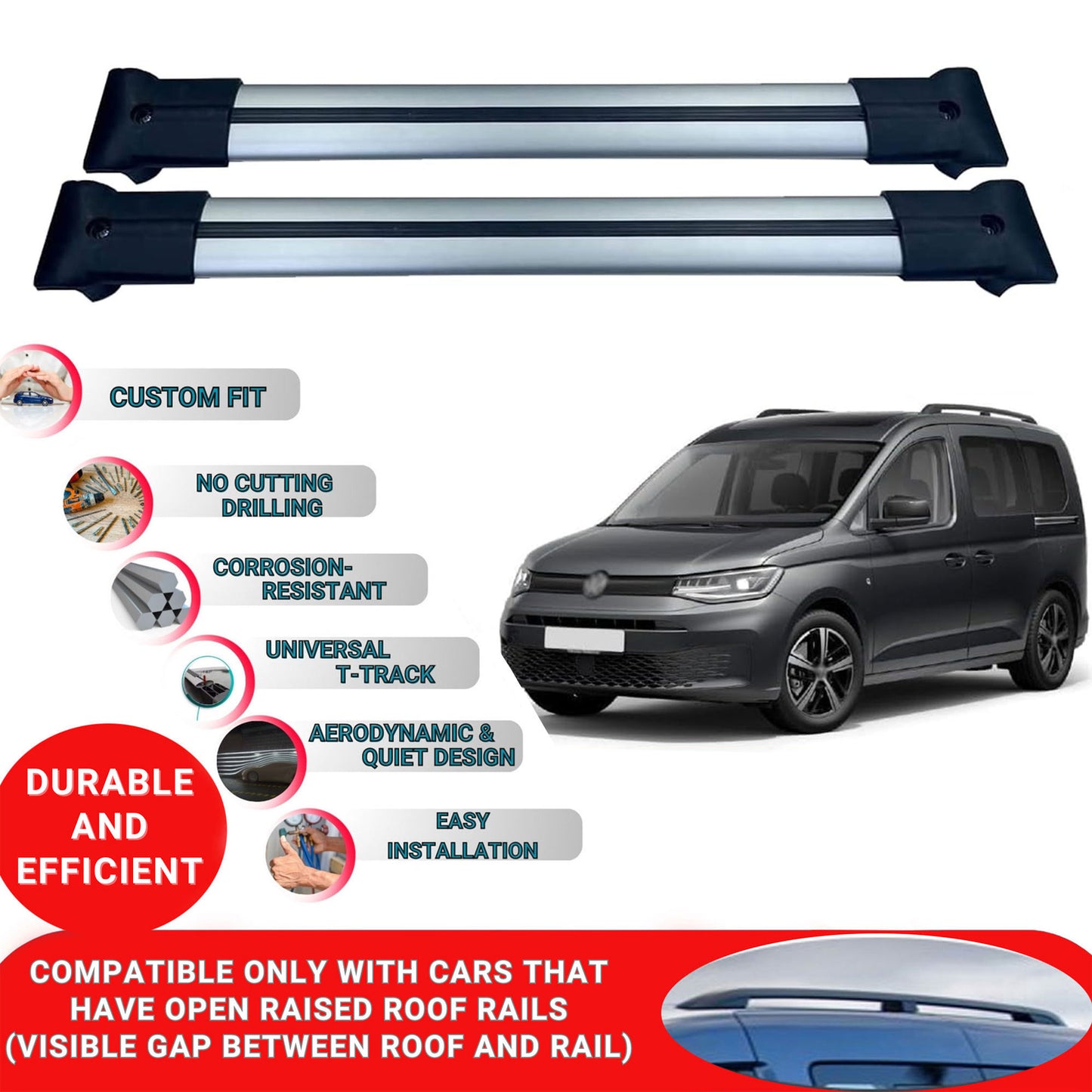 Roof Racks Cross Bars For Vw Caddy 2020-2023 4 Pcs Grey