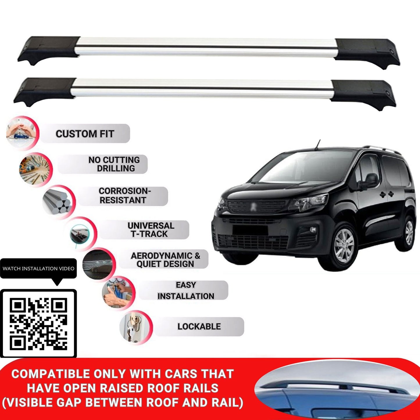 Roof Rack Cross Bars for Peugeot Partner 2019-2022 Lockable Bars 2 Pcs Grey
