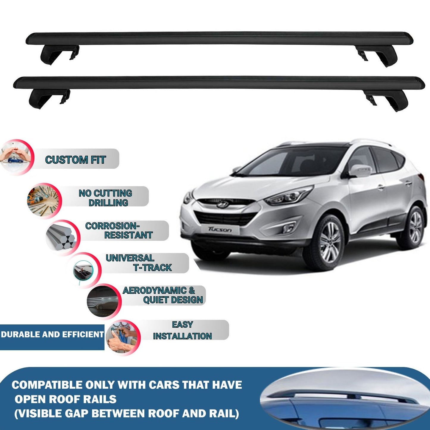 Roof Rack Cross Bars for Hyundai Tucson LM 2009-2015 Rail Carrier for Roof Tents 2 Pcs Black