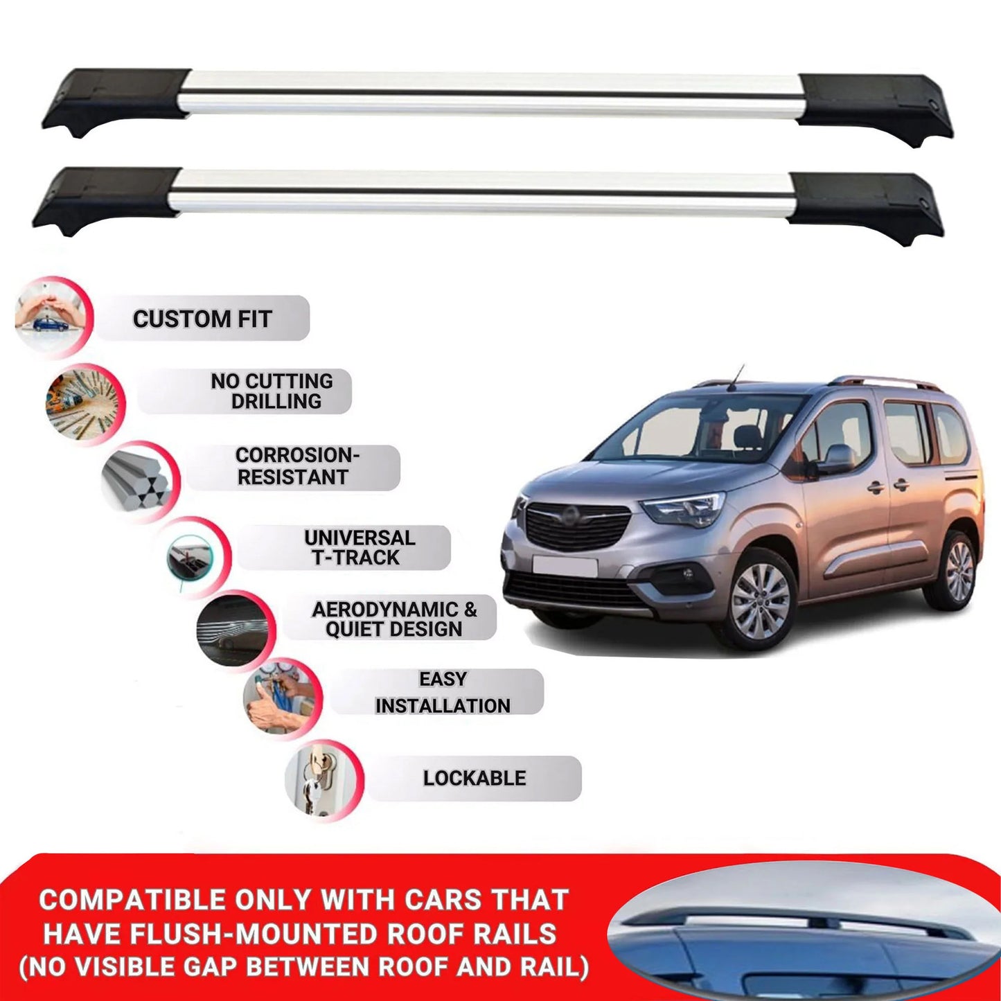2X Car Roof Rack Cross Bars for Vauxhall Combo 2019-2022 Lockable Roof Bars Grey