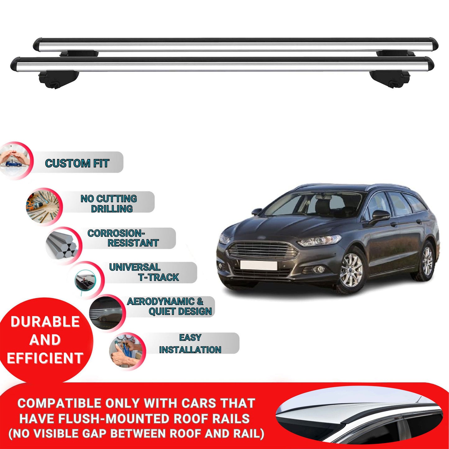 Roof Bars For Ford Mondeo Estate 2014-2021 Roof Rack Cross Bars 2 Pcs Grey