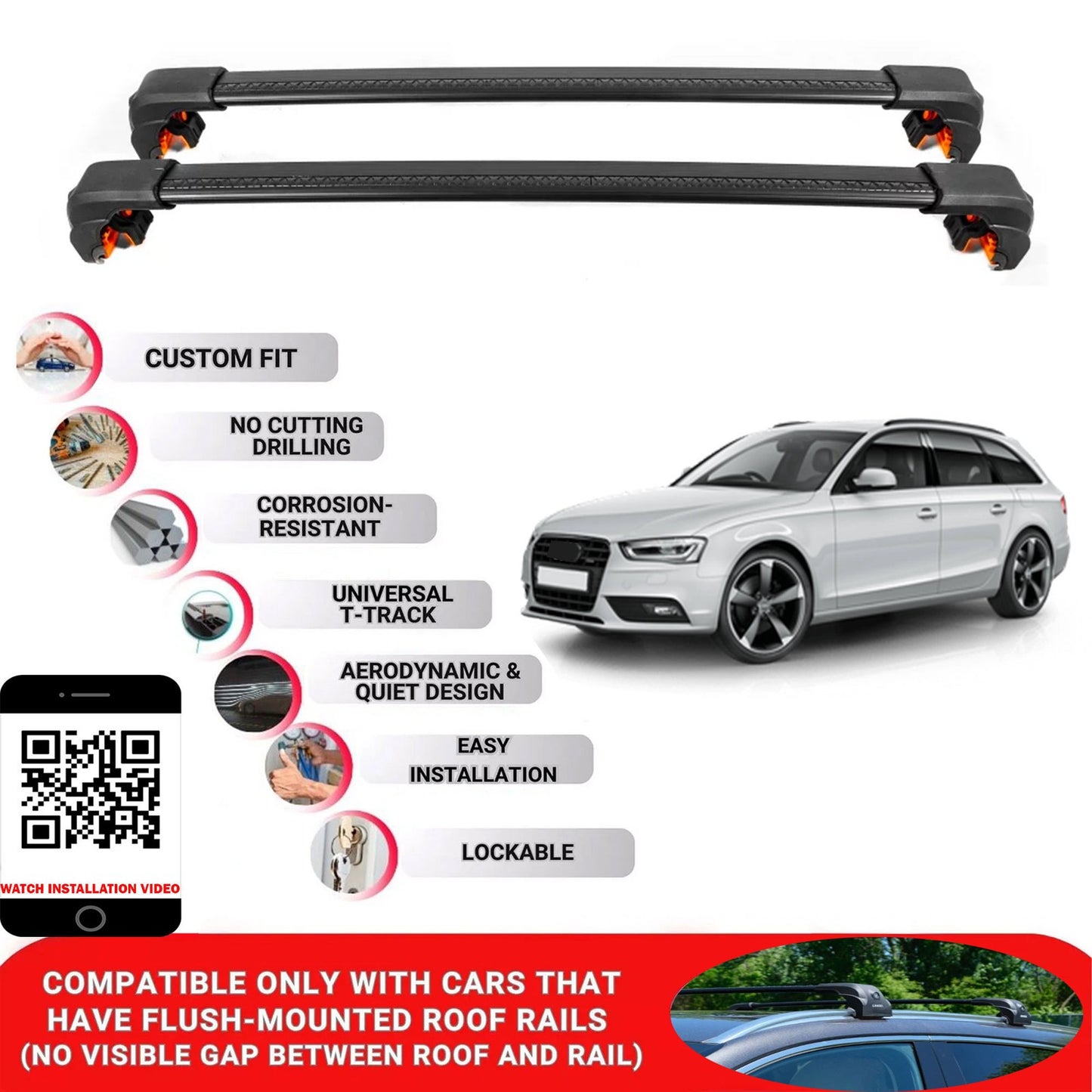 Premium Roof Bars For Audi A4 Avant Estate 2008-2015 Secure Roof Rack Cross Bar 2 Pcss Black