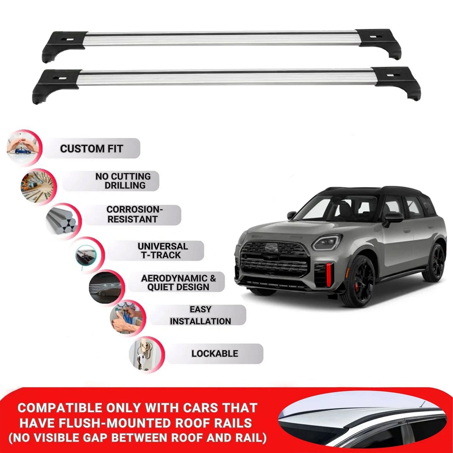 2X Car Roof Bars for Mini Countryman 2025+ Lockable Roof Rack Cross Bars Grey