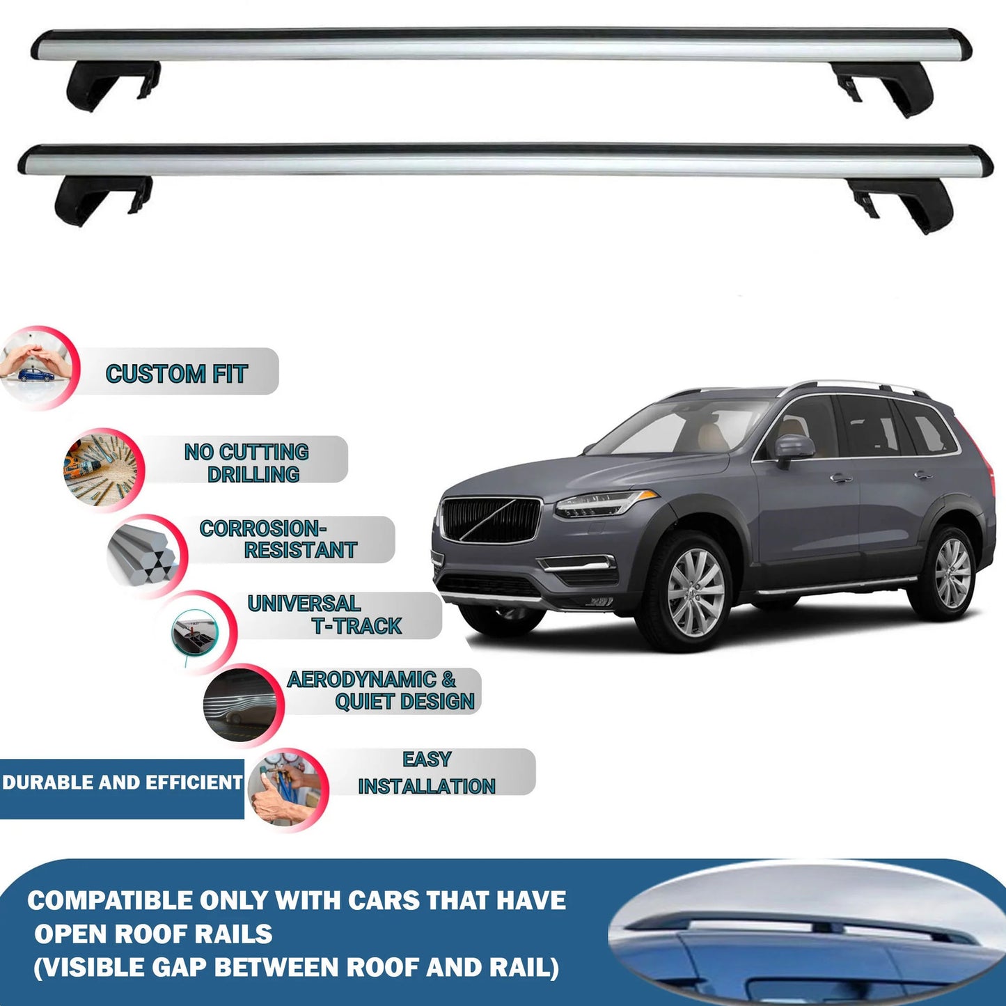 Roof Rack Cross Bars for Volvo XC90 2016-2022 Aluminum Roof Bars 2 Pcs Silver
