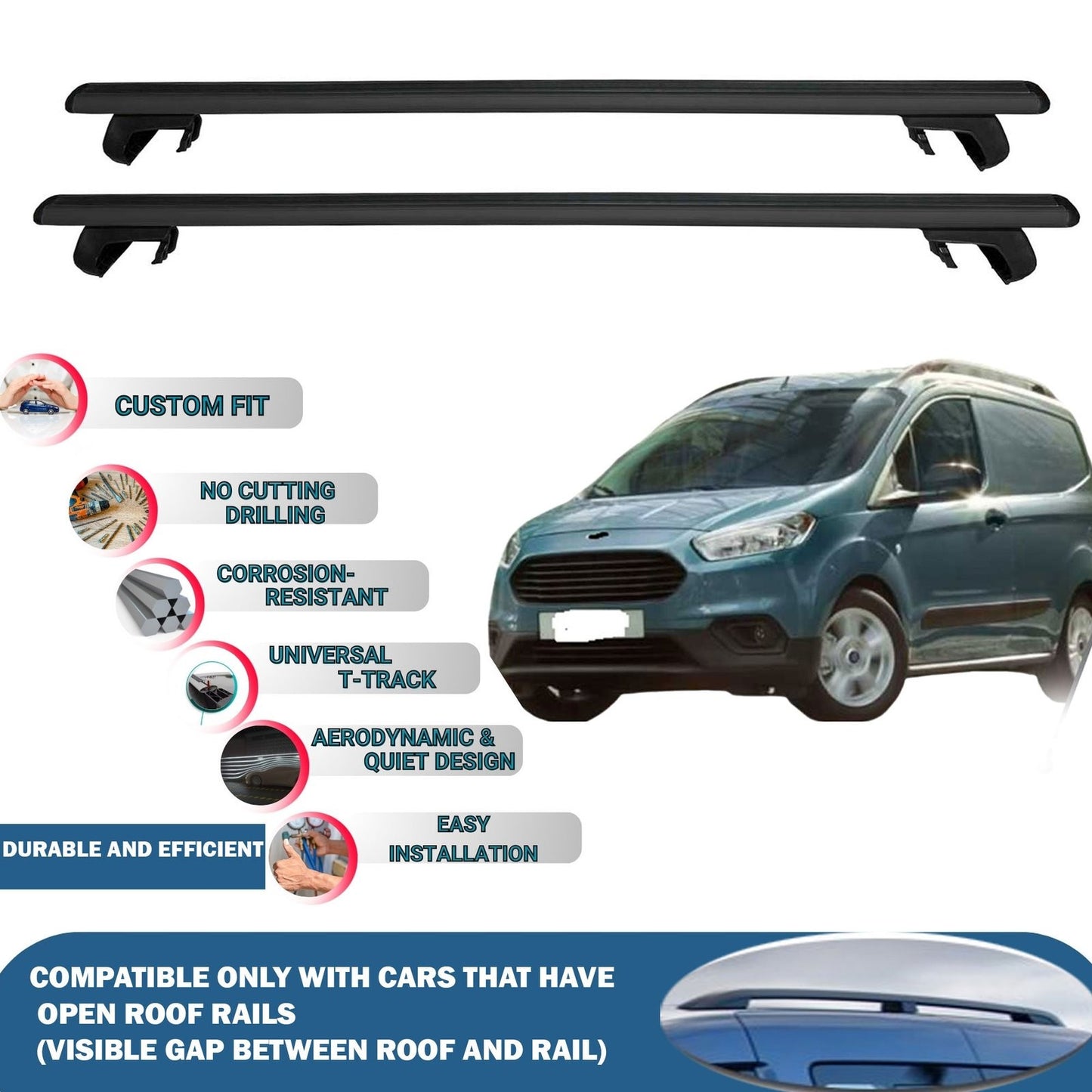 Roof Rack Cross Bars for Ford Transit Courier Van 2014-2023 Rail Carrier for Roof Tents 2 Pcs Black