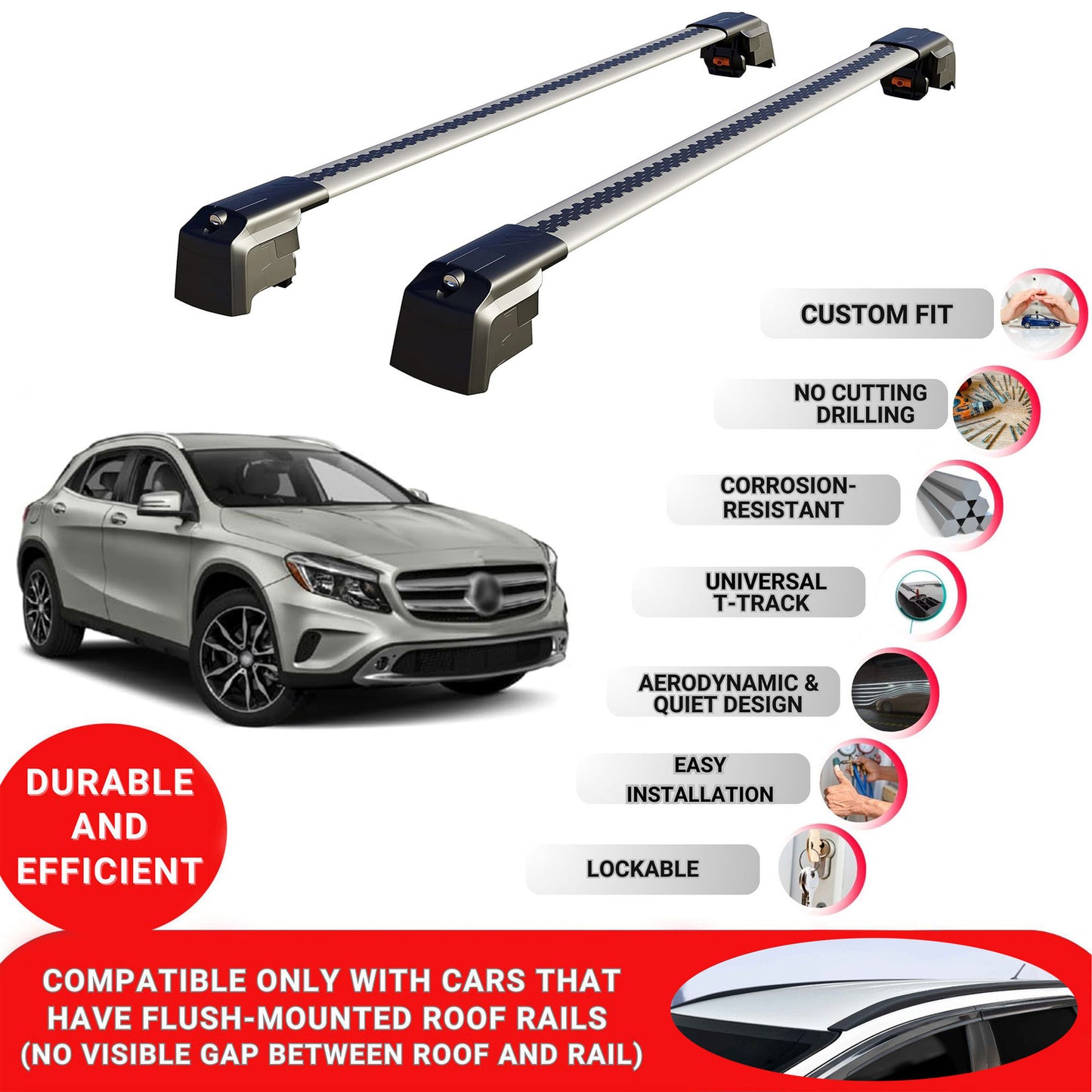 Roof Bars Rack for Mercedes GLA-Class X156 2014-2019 Lockable Rail Carrier 2 Pcs Grey
