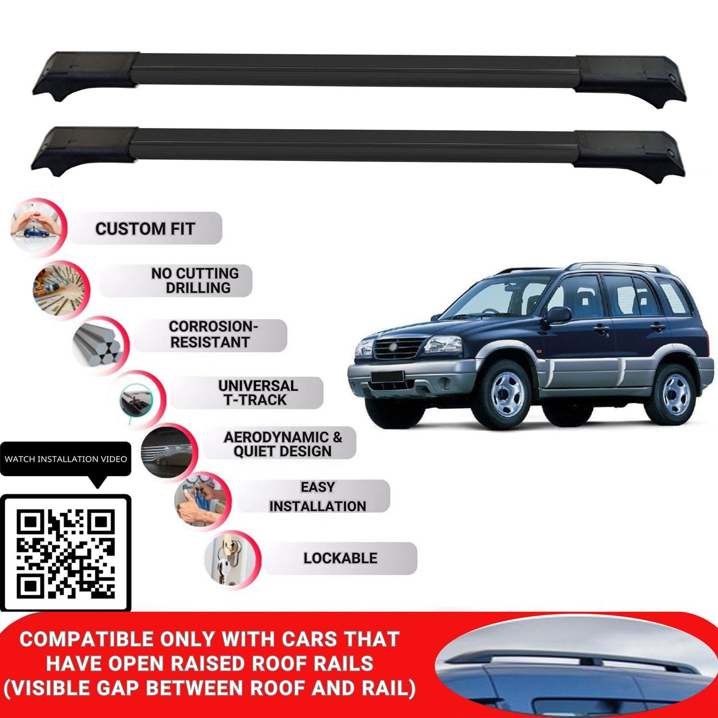 Roof Rack Cross Bars for Suzuki Grand Vitara 1998-2004 Lockable Bars 2 Pcs Black