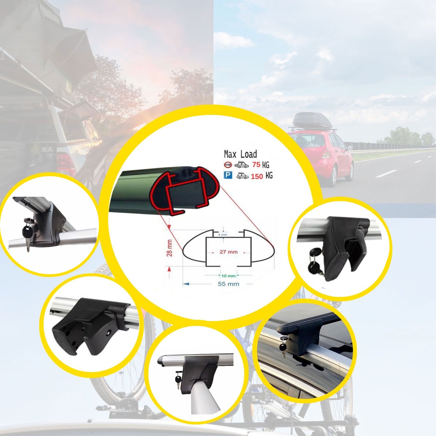 Lockable Roof Rack Cross Bars for Opel Combo E 2019-2023 | Heavy Duty Rail Carrier 2 Pcs Black