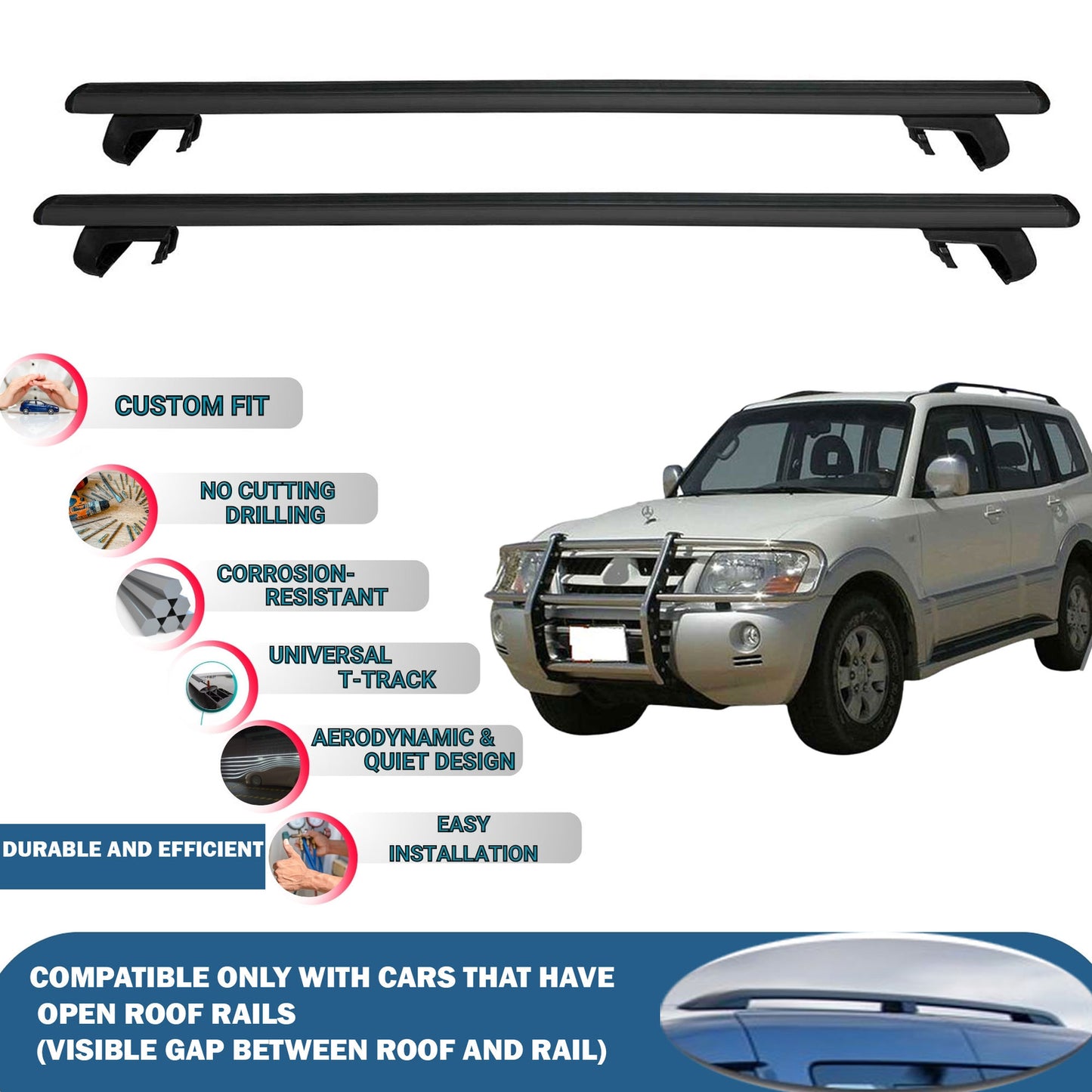 Roof Rack Cross Bars for Mitsubishi Pajero V60 3D 1999-2006 Rail Carrier for Roof Tents 2 Pcs Black