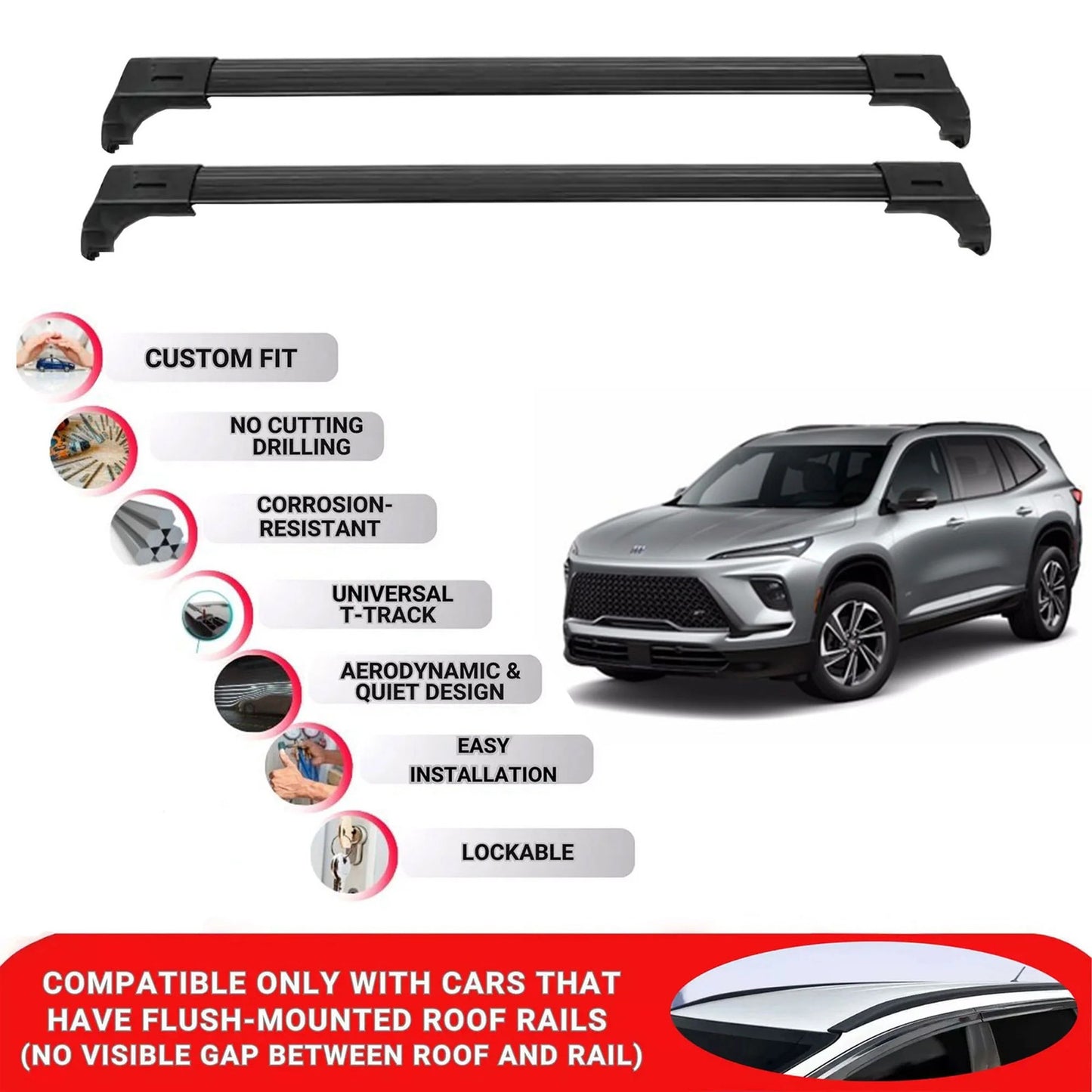 2X Car Roof Bars for Buick Enclave 2025+ Lockable Roof Rack Cross Bars Black