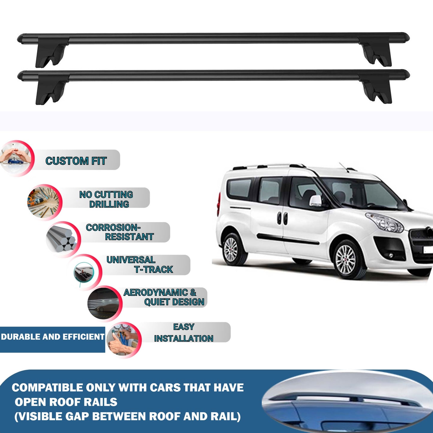Lockable Roof Rack Cross Bars for Fiat Doblo 2010-2023 | Heavy Duty Rail Carrier 2 Pcs Black