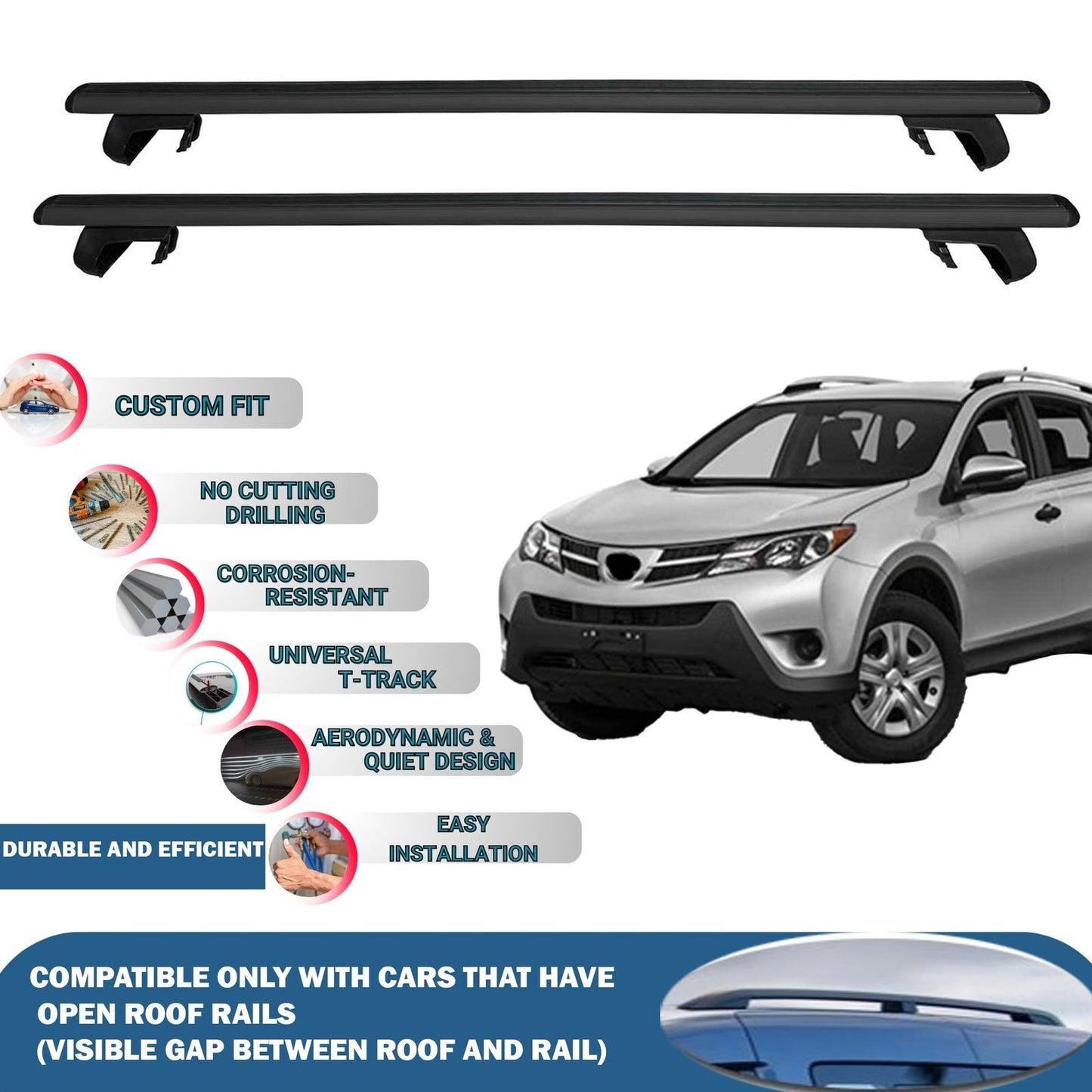 Roof Rack Cross Bars for Toyota Rav4 XA 2013-2018 Rail Carrier for Roof Tents 2 Pcs Black