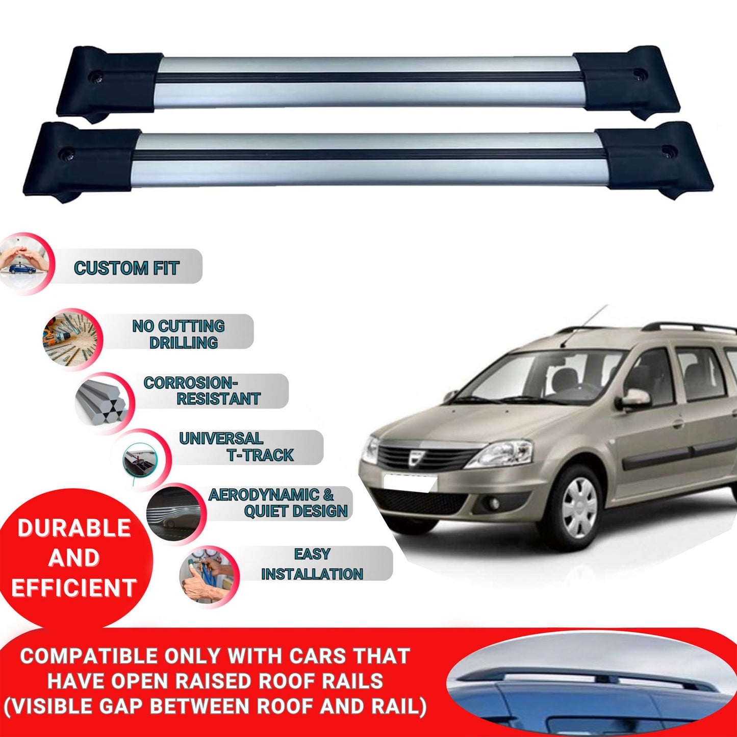 Roof Racks Cross Bars For Dacia Logan Mcv 2005-2013 2 Pcs Grey