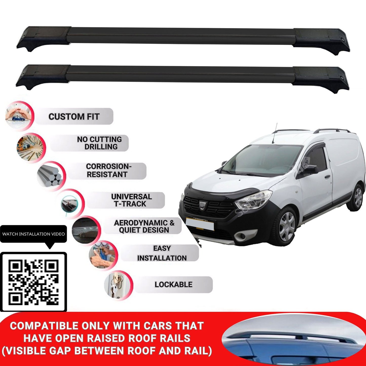 Roof Rack Cross Bars for Dacia Dokker 2012+ Lockable Roof Bars 2 Pcs Black