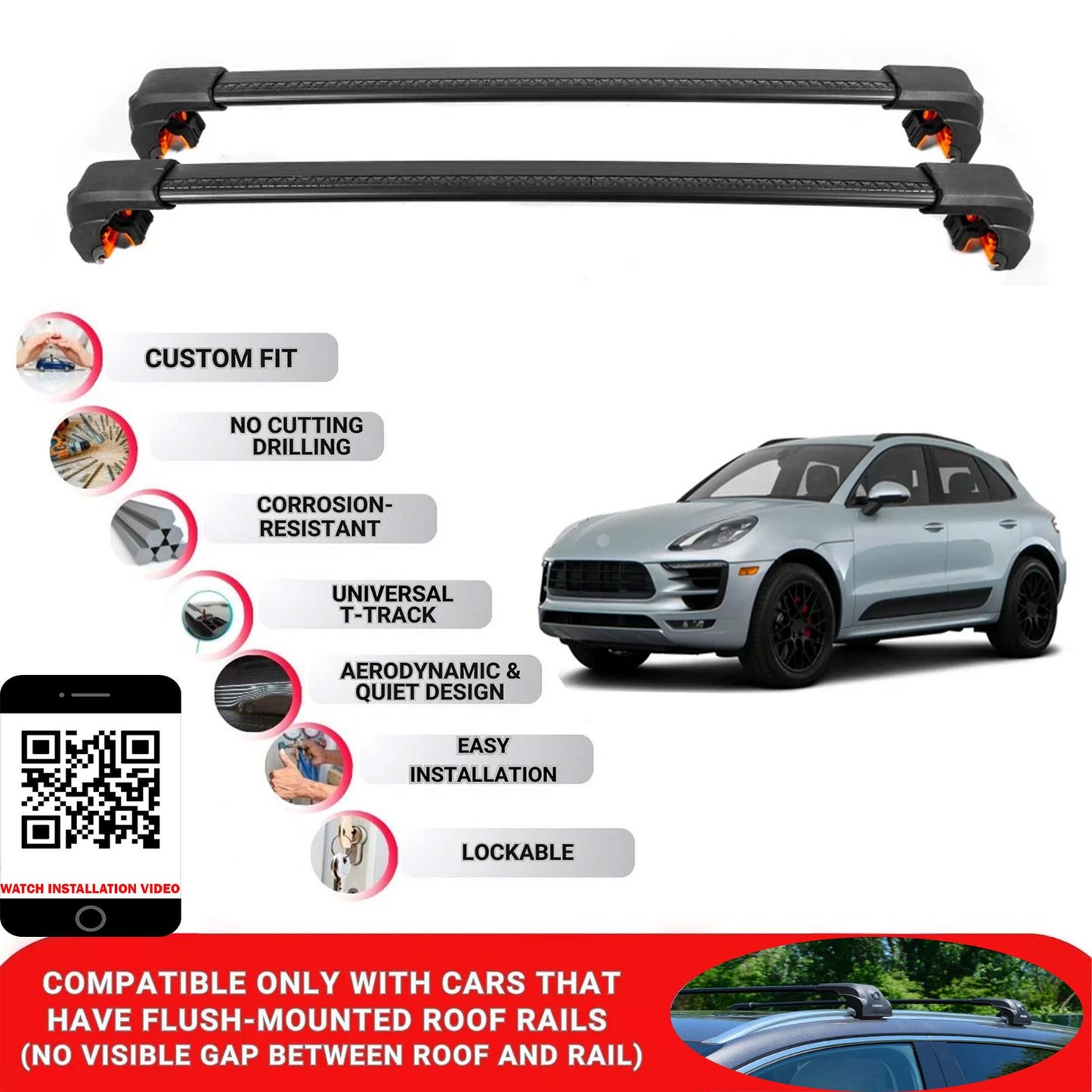 Premium Roof Bars For Porche Macan Suv 2014+ Secure Roof Rack Cross Bar 2 Pcss Black