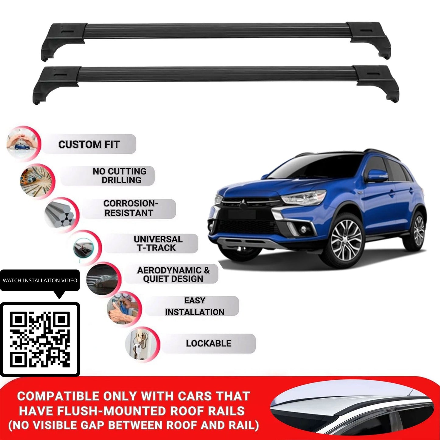 Roof Bars for Mitsubishi Asx 2010-2022 Lockable Roof Rack Cross Bar 2 Pcs Black
