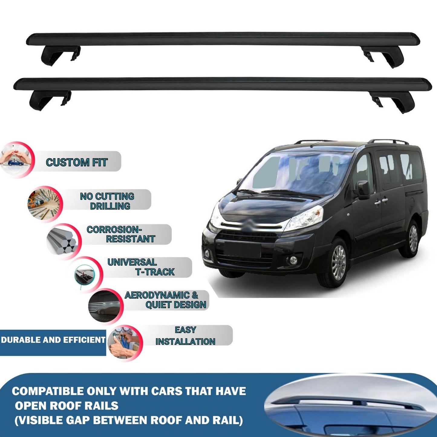 Roof Rack Cross Bars for Citroen Jumpy 2006-2016 Rail Carrier for Roof Tents 2 Pcs Black