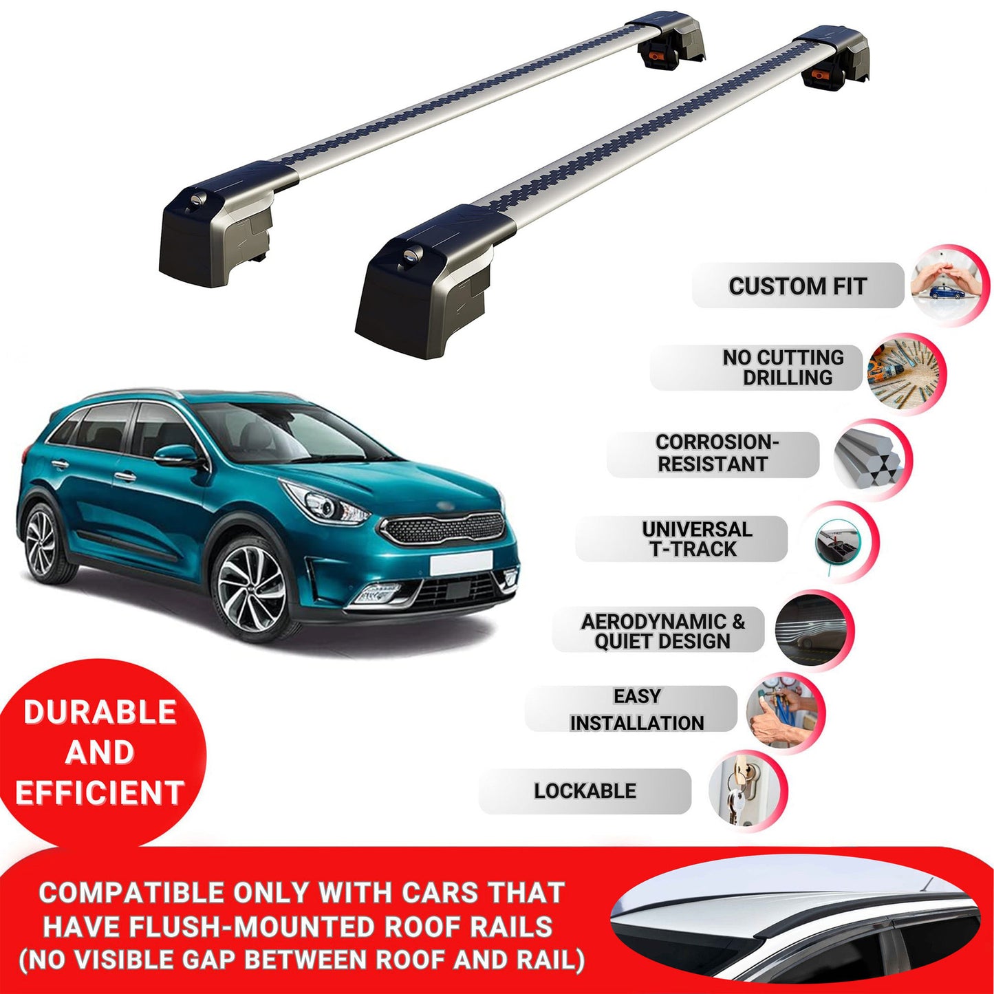 Roof Bars Rack for Kia Niro (DE) 2017-2022 Lockable Rail Carrier 2 Pcs Grey