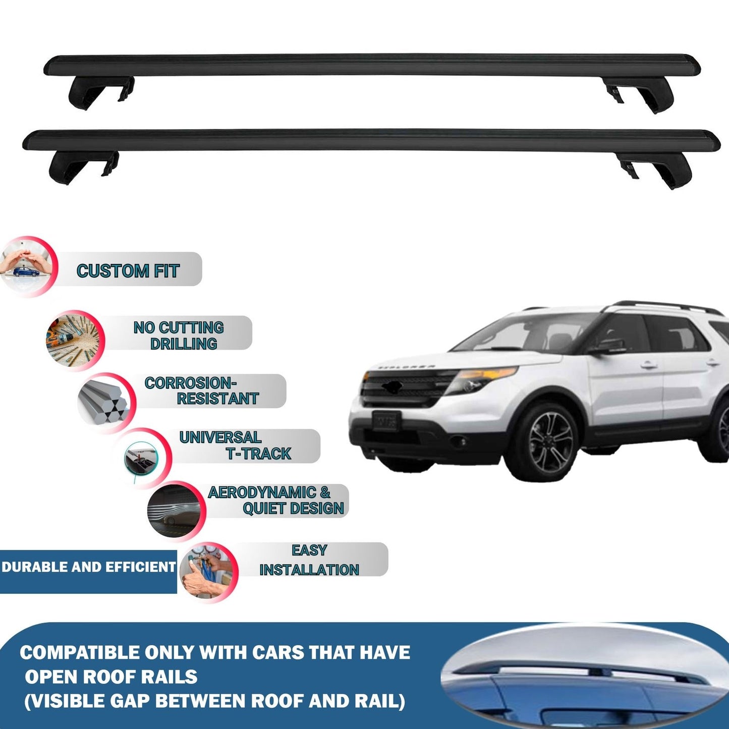 Roof Rack Cross Bars for Ford Explorer 2011-2015 Rail Carrier for Roof Tents 2 Pcs Black