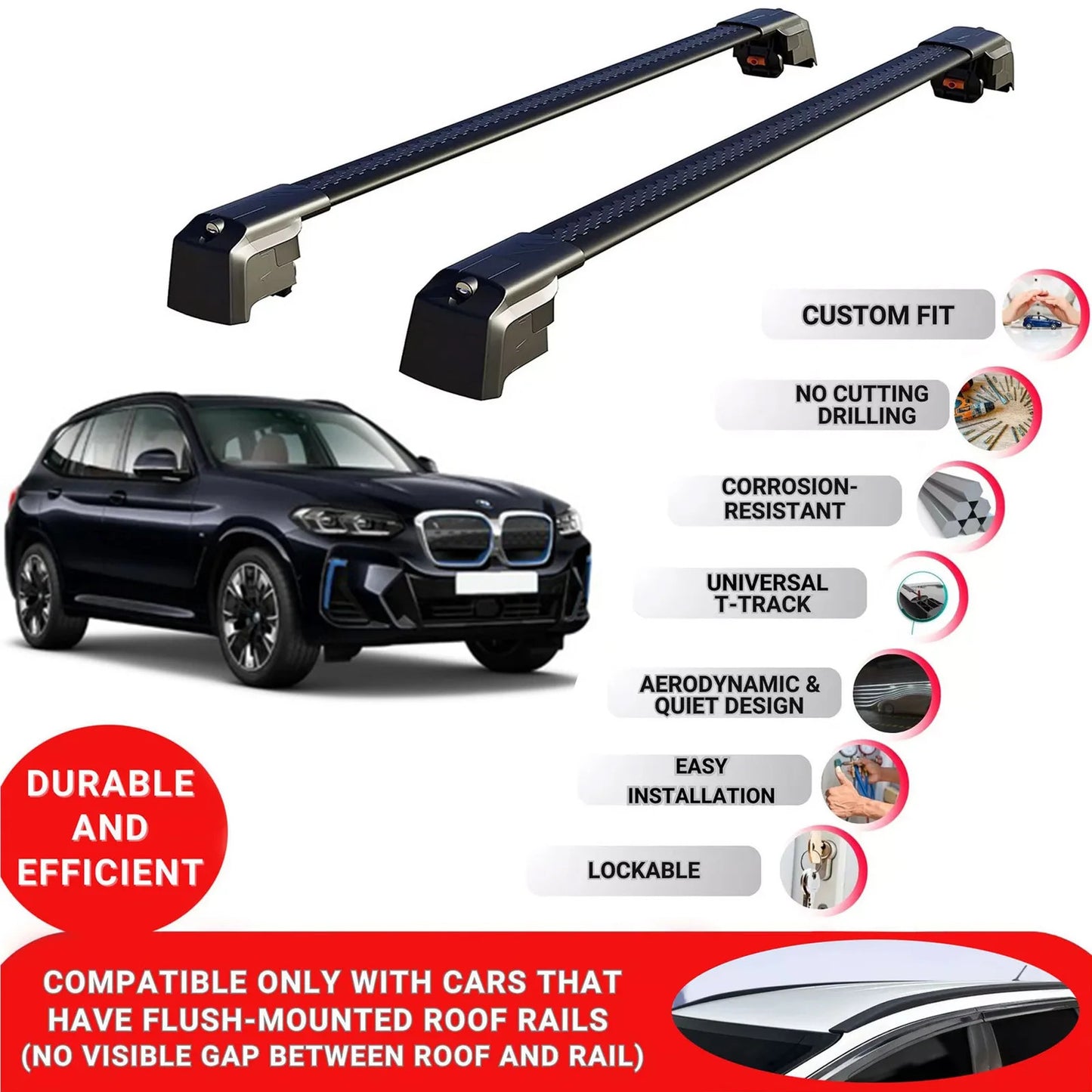 Roof Bars Rack for Bmw IX3 G08 2020 2023 Lockable Rail Carrier 2 Pcs Black