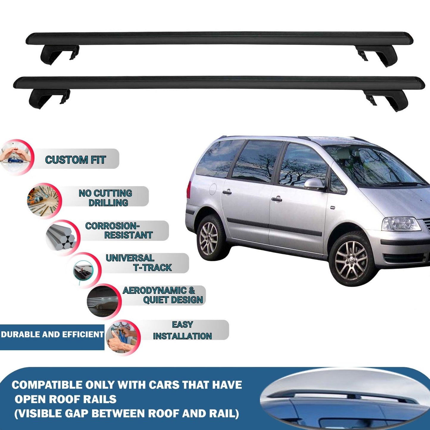 Roof Rack Cross Bars for Volkswagen Sharan 1995-2010 Rail Carrier for Roof Tents 2 Pcs Black