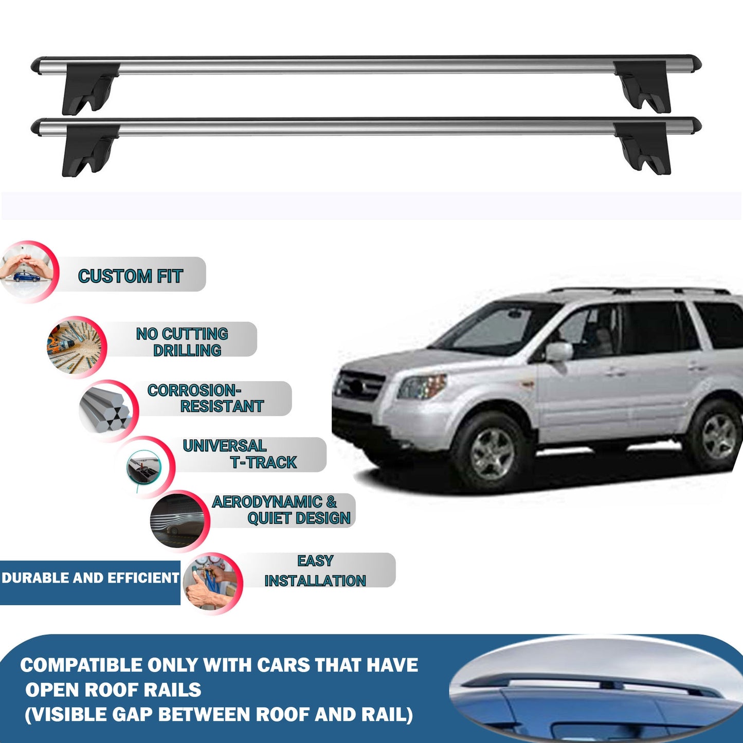 Lockable Roof Rack Cross Bars for Honda Pilot Mk1 2003-2008 | Heavy Duty Rail Carrier 2 Pcs Grey