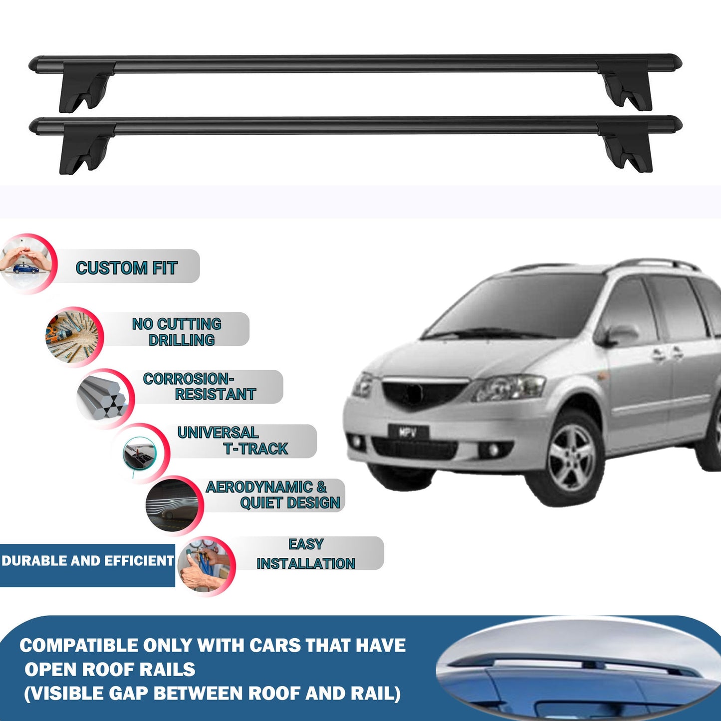 Lockable Roof Rack Cross Bars for Mazda Mpv 1999-2006 | Heavy Duty Rail Carrier 2 Pcs Black