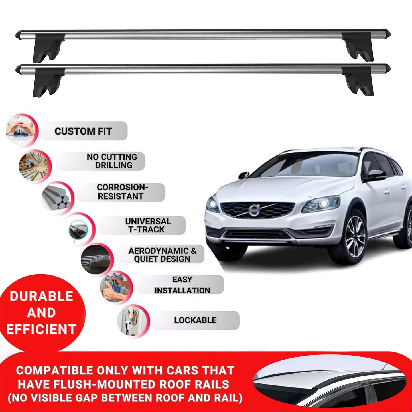 Premium Roof Bars for Volvo V60 Cross Country 2015-2018 Roof Rack Cross Bars 2 Pcs Grey