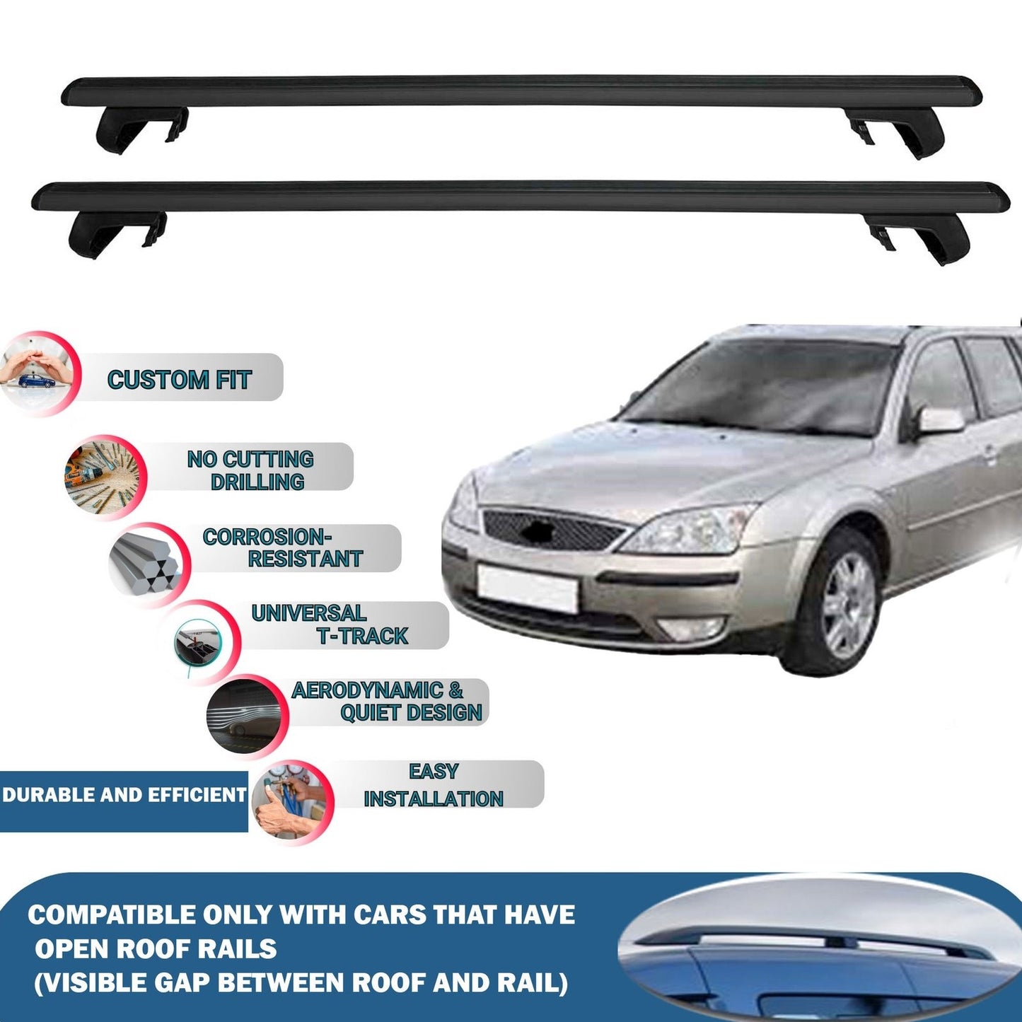 Roof Rack Cross Bars for Ford Mondeo Turnier/Estate 2001-2007 Rail Carrier for Roof Tents 2 Pcs Black