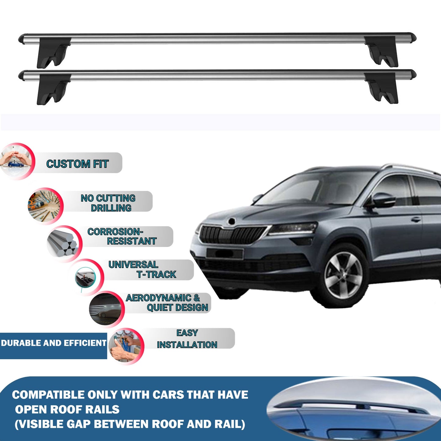 Lockable Roof Rack Cross Bars for Skoda Karoq 2017-2023 | Heavy Duty Rail Carrier 2 Pcs Grey