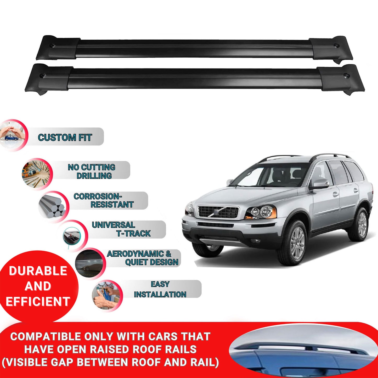 Roof Racks Cross Bars For Volvo Xc90 Mk1 2003-2015 2 Pcs Black