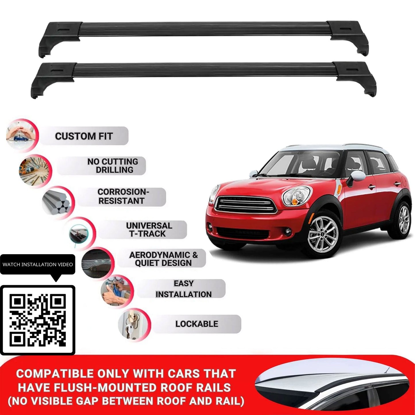 Roof Bars for Mini Countryman 2010-2016 Lockable Roof Rack Cross Bars 2 Pcs Black