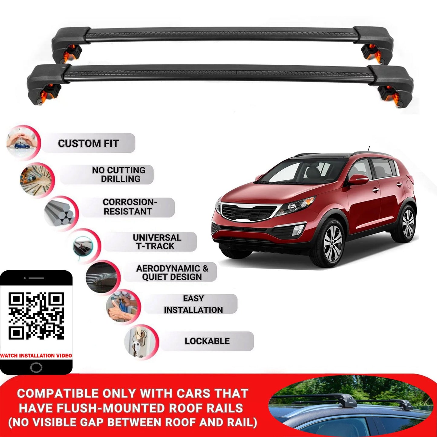 Premium Roof Bars For Kia Sportage Suv 2010-2016 Secure Roof Rack Cross Bar 2 Pcss Black