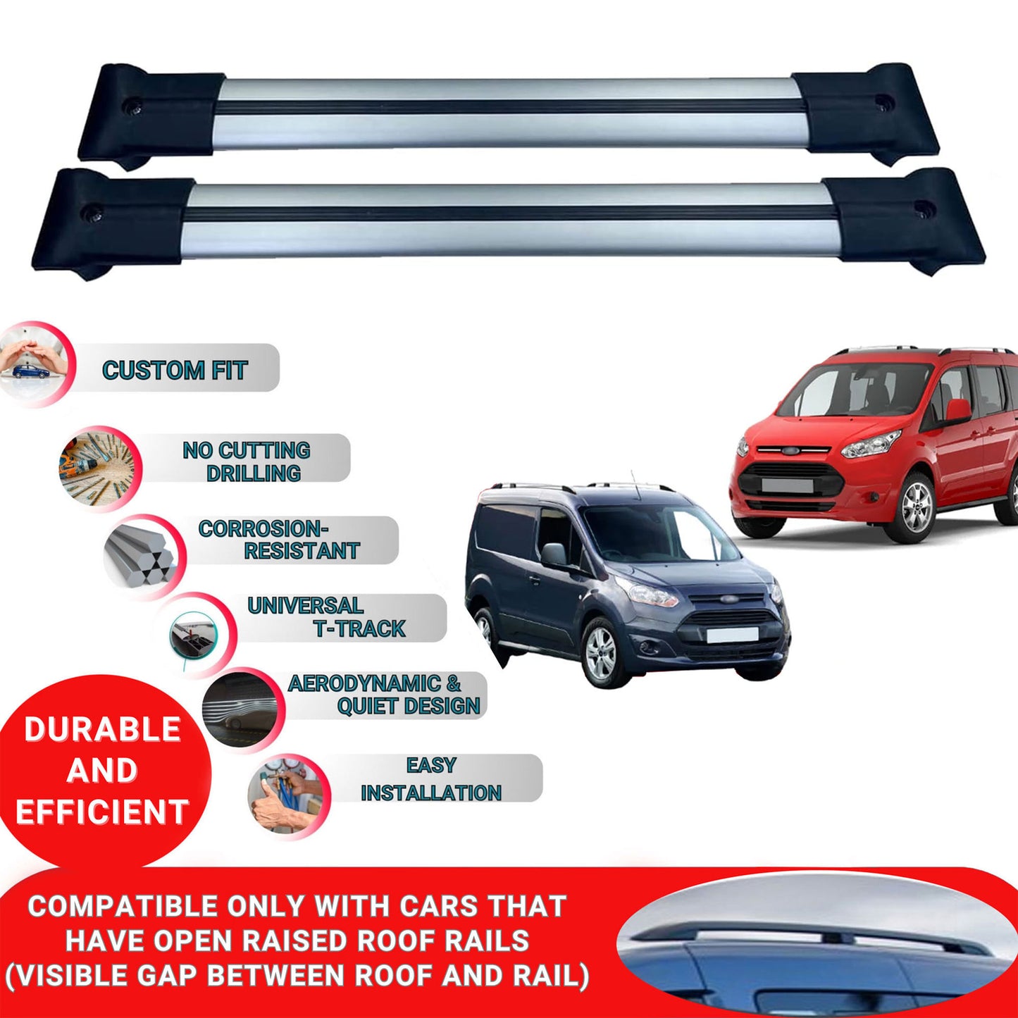 Roof Racks Cross Bars For Ford Connect 2 2014-2023 2 Pcs Grey