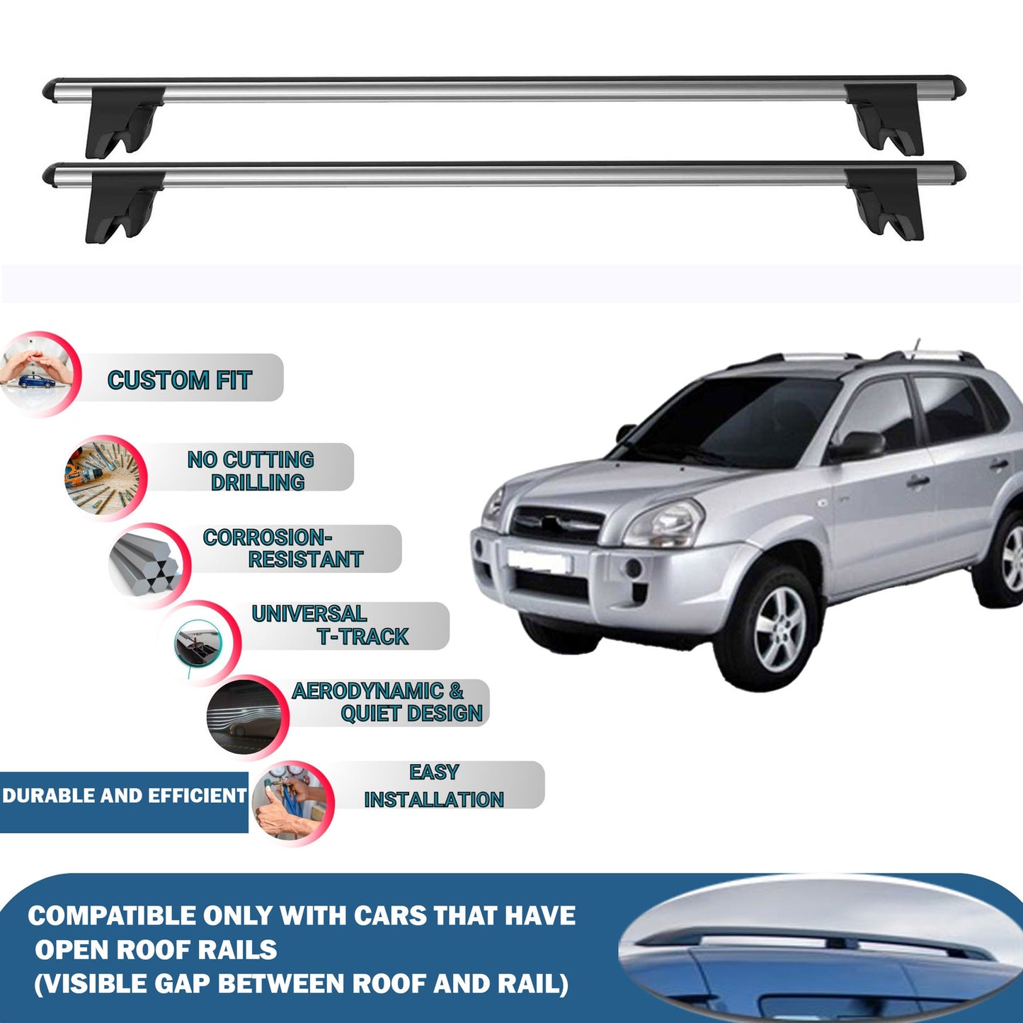 Lockable Roof Rack Cross Bars for Hyundai Tucson JM 2004-2009 | Heavy Duty Rail Carrier 2 Pcs Grey