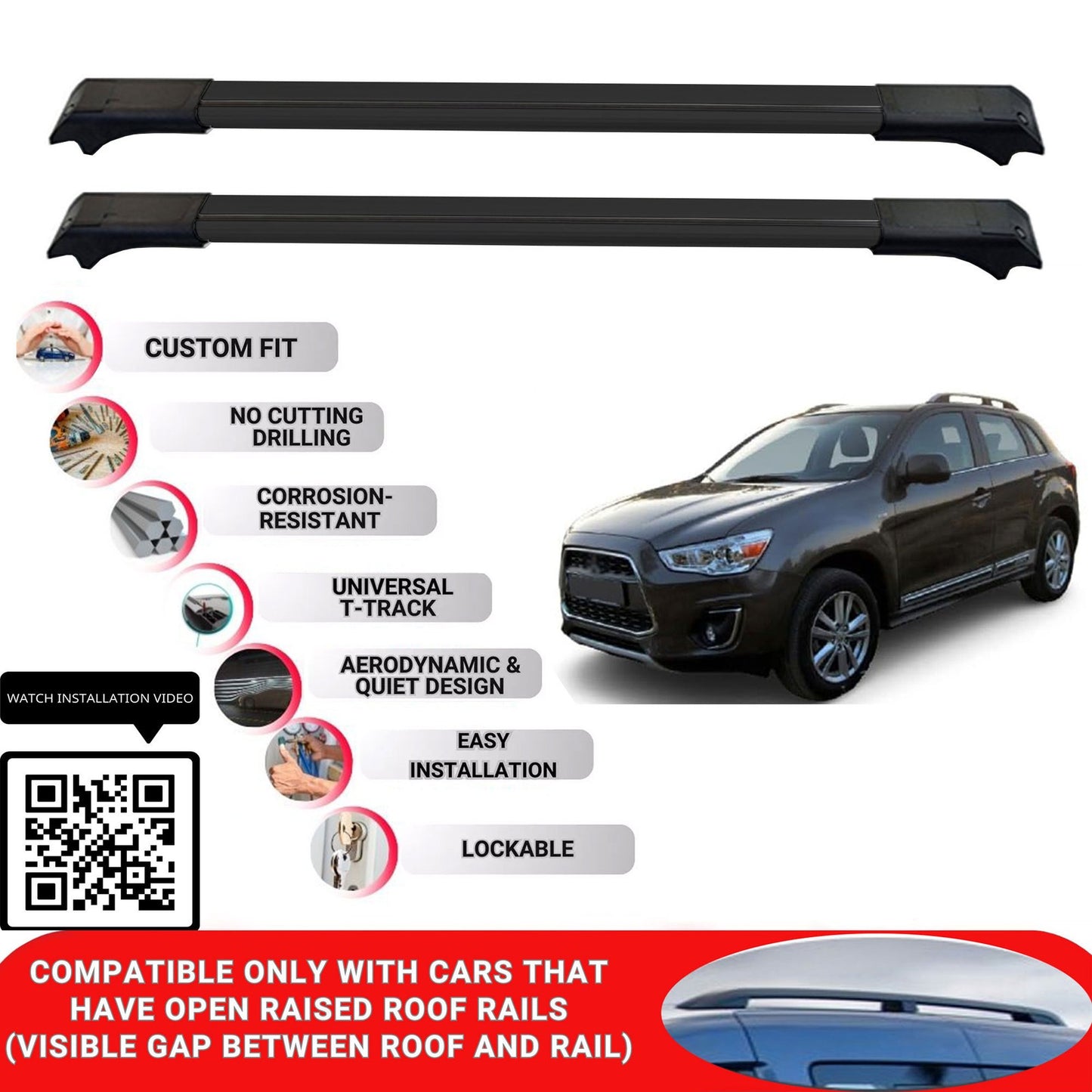 Roof Rack Cross Bars for Mitsubishi Asx 2010-2022 Lockable Roof Bar 2 Pcs Black