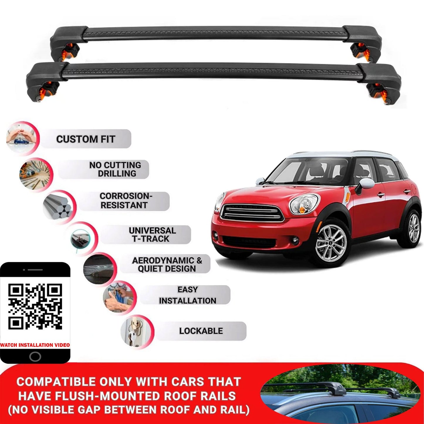Premium Roof Bars For Mini Countryman Suv 2010-2016 Secure Roof Rack Cross Bar 2 Pcss Black