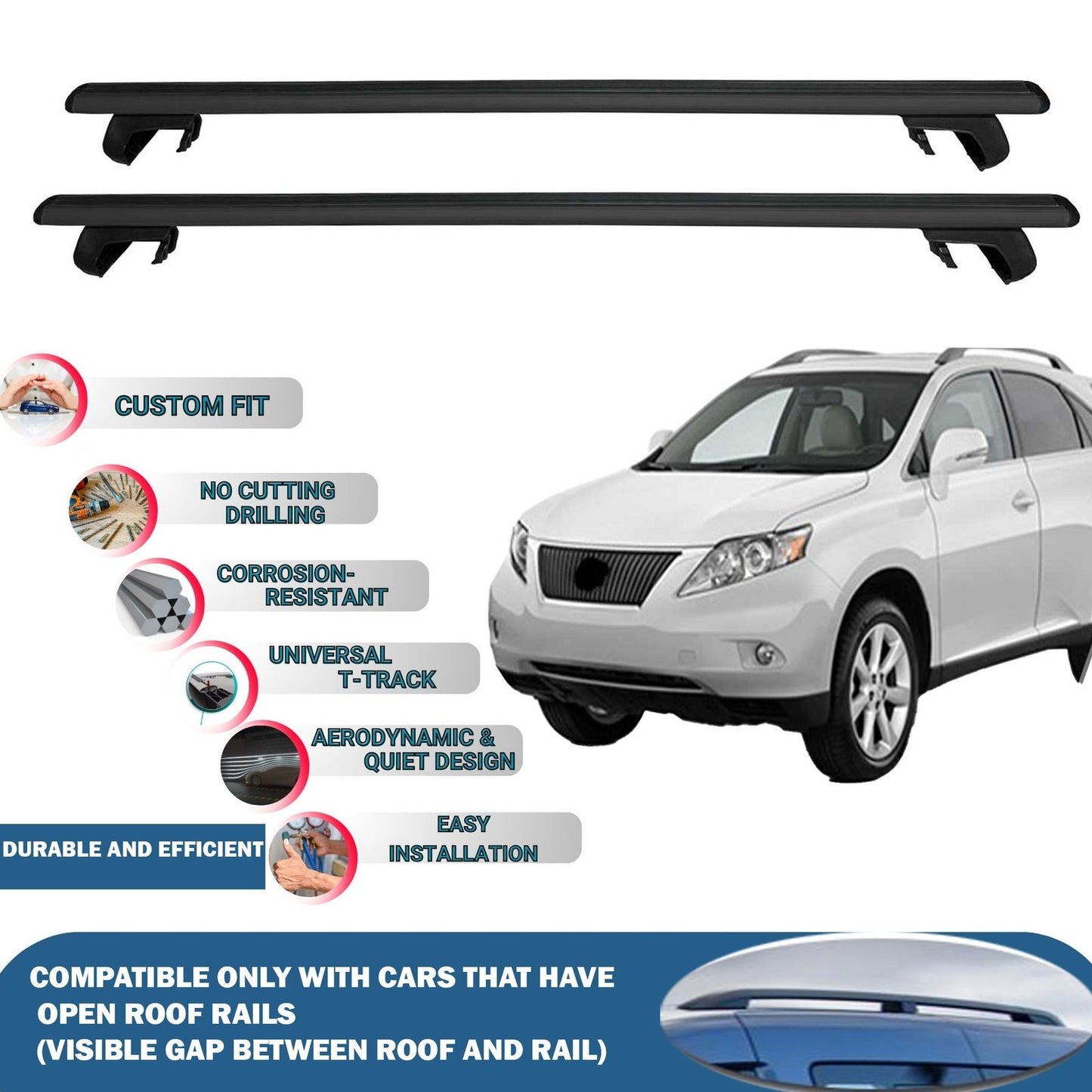 Roof Rack Cross Bars for Lexus Rx350 Al10 Pre-FL 2008-2012 Rail Carrier for Roof Tents 2 Pcs Black