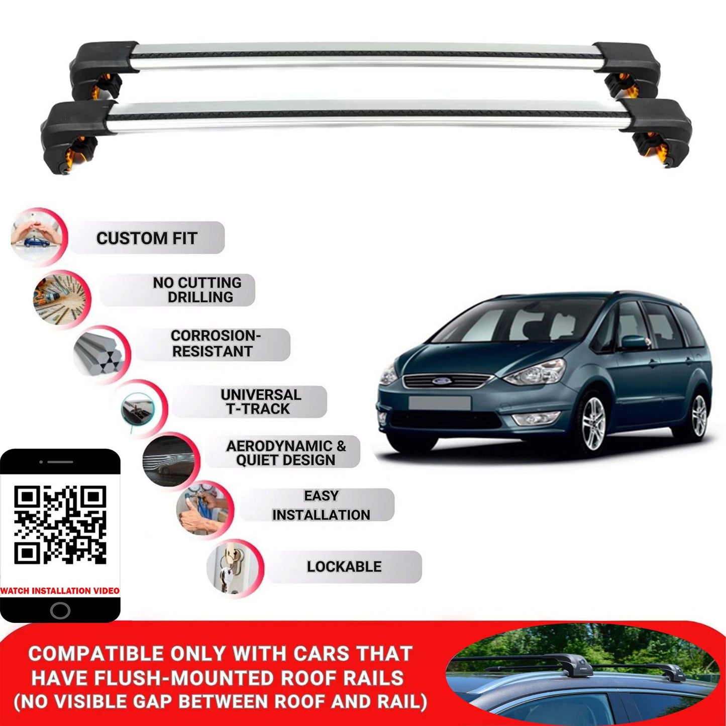 Premium Roof Bars For Ford Galaxy Mpv 2010-2015 Secure Roof Rack Cross Bar 2 Pcss Secure Grey