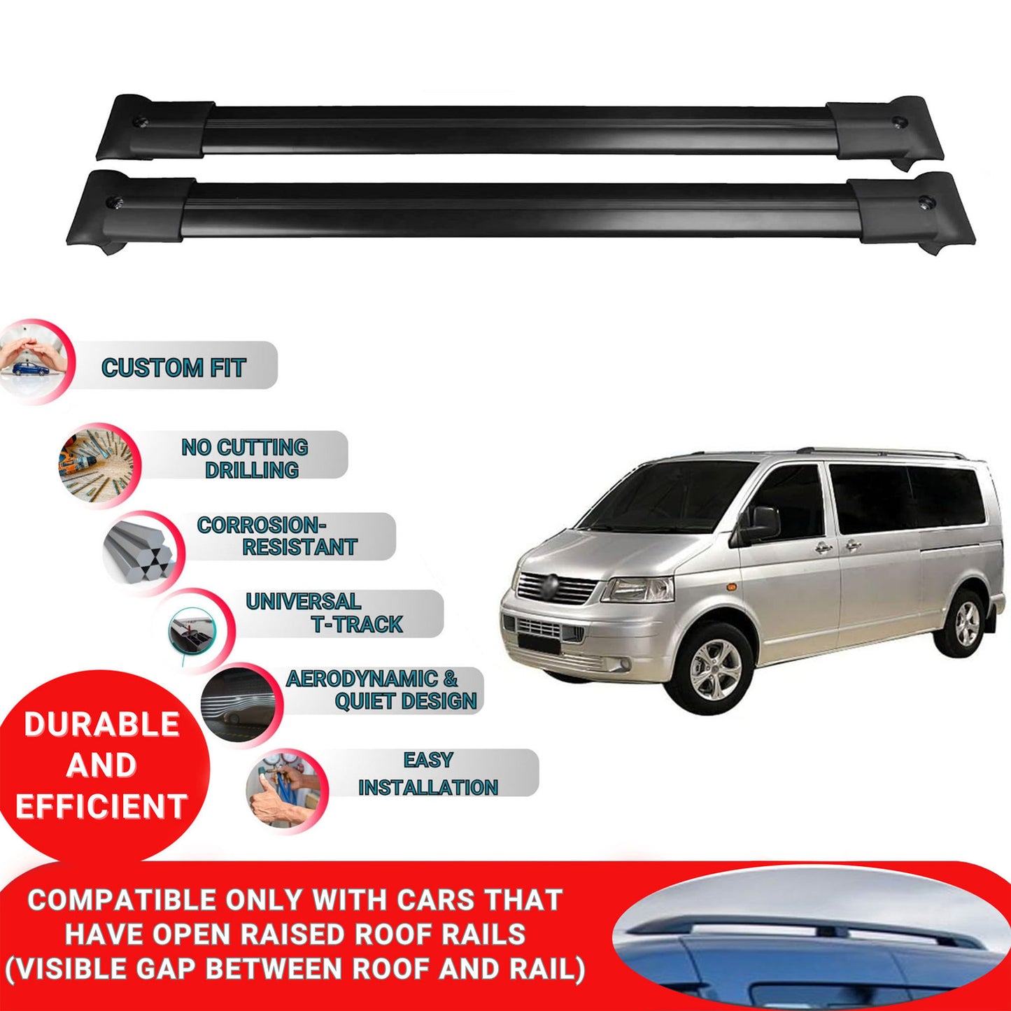 Roof Racks Cross Bars For Vw T5 Caravelle 2003-2015 2 Pcs Black
