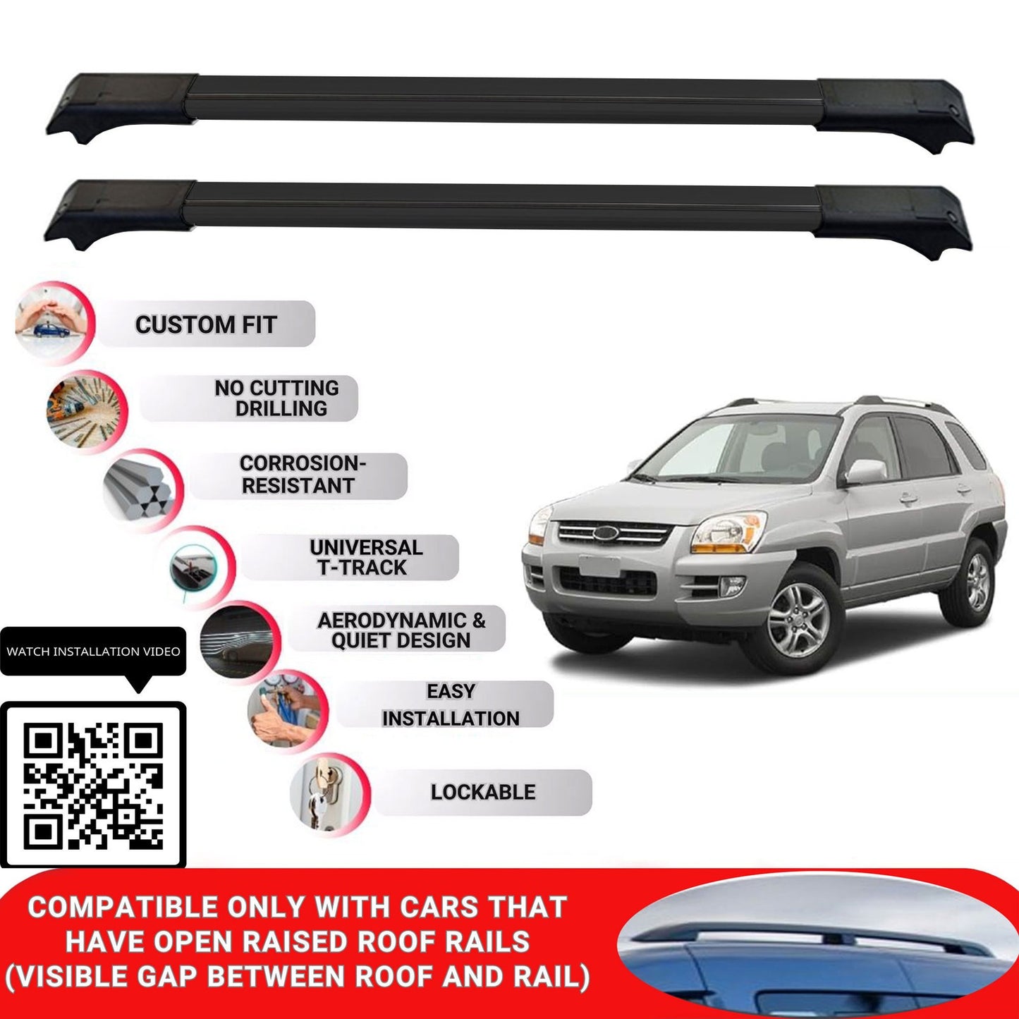 Roof Rack Cross Bars for Kia Sportage 2004-2009 Lockable Roof Bars 2 Pcs Black