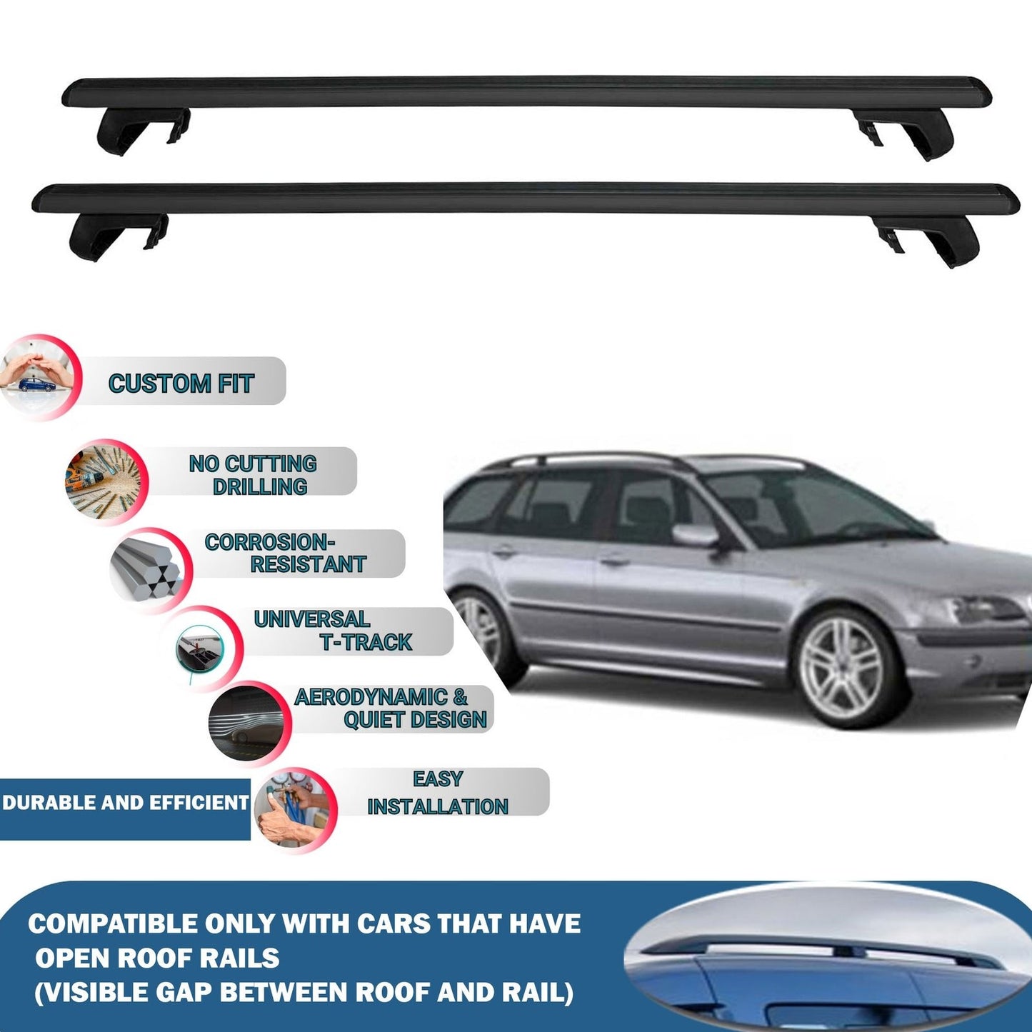 Roof Rack Cross Bars for BMW 3-Series Touring/Estate E36 1996-1999 Rail Carrier for Roof Tents 2 Pcs Black