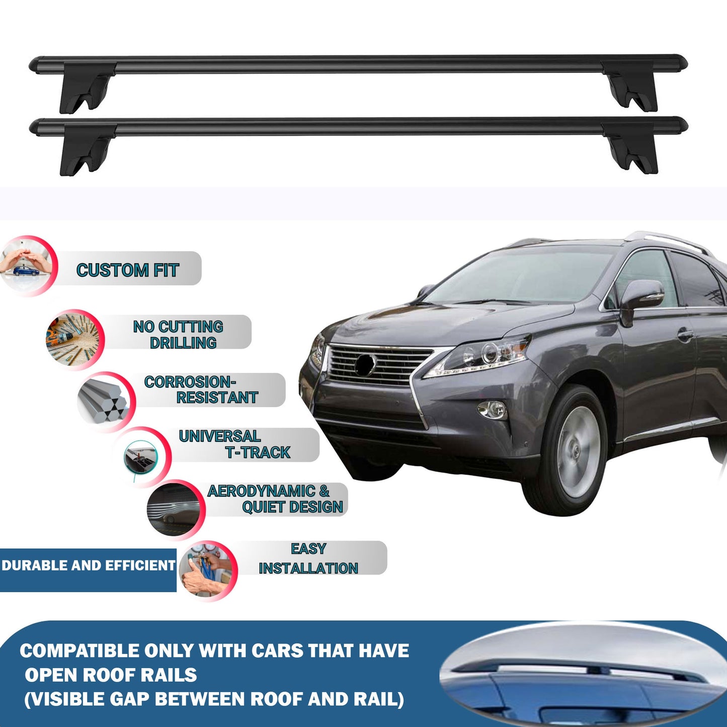 Lockable Roof Rack Cross Bars for Lexus Rx350/Rx45 Fl Al 2012-2015 | Heavy Duty Rail Carrier 2 Pcs Black