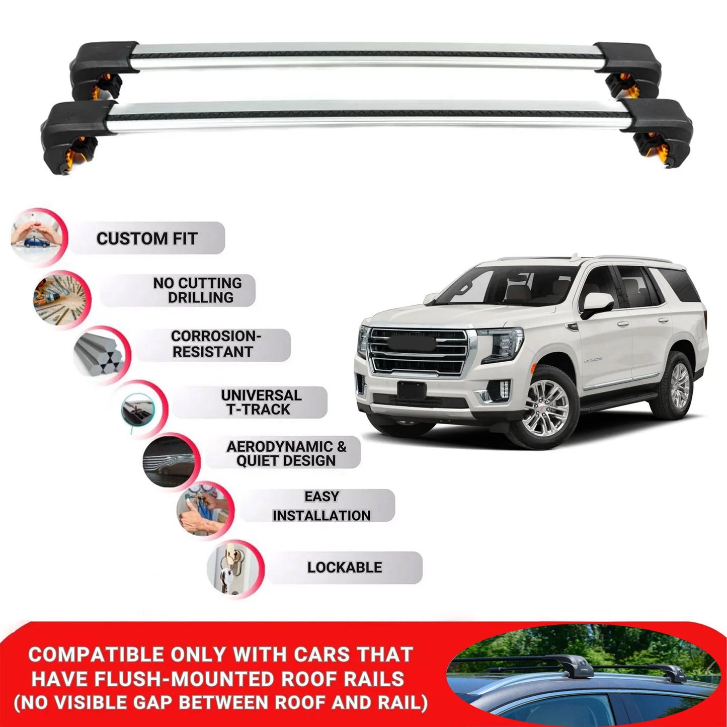 Premium Roof Bars For Gmc Yukon/Yukon XL 2021+ Roof Rack Cross Bars Secure Grey