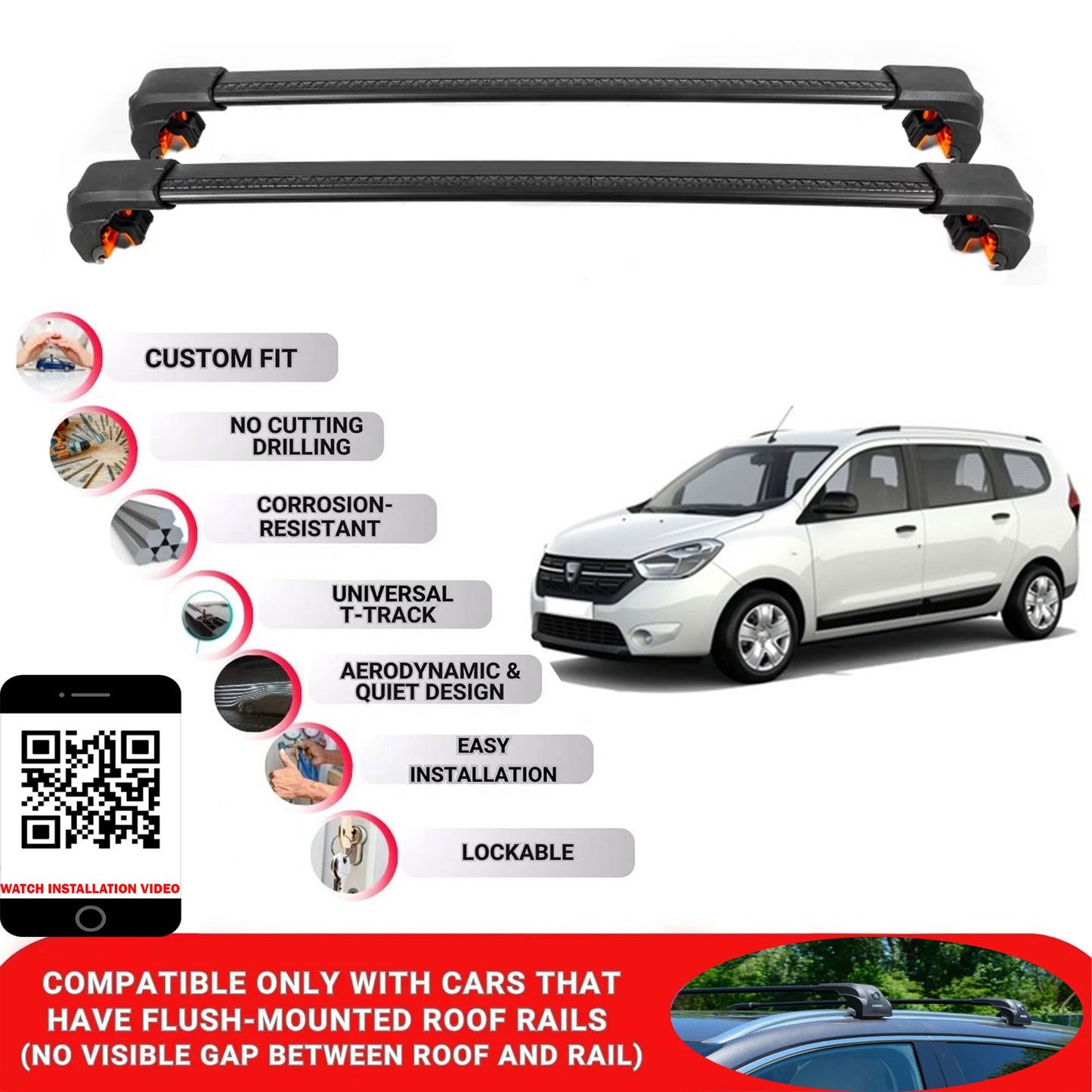 Premium Roof Bars For Dacia Lodgy Mpv 2012+ Secure Roof Rack Cross Bar 2 Pcss Black