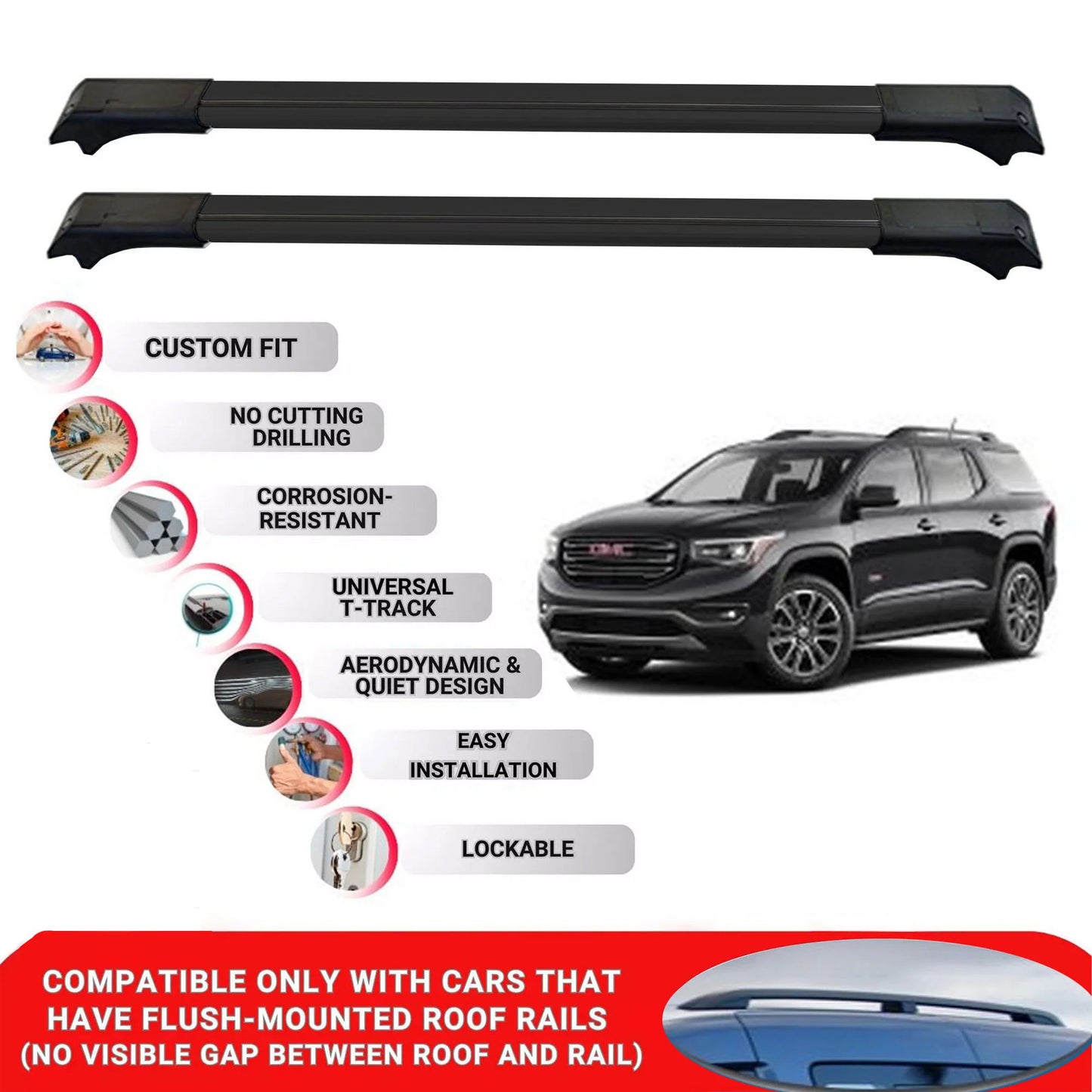 2X Car Roof Rack Cross Bars for Gmc Acadia 2017-2023 Lockable Roof Bars Black