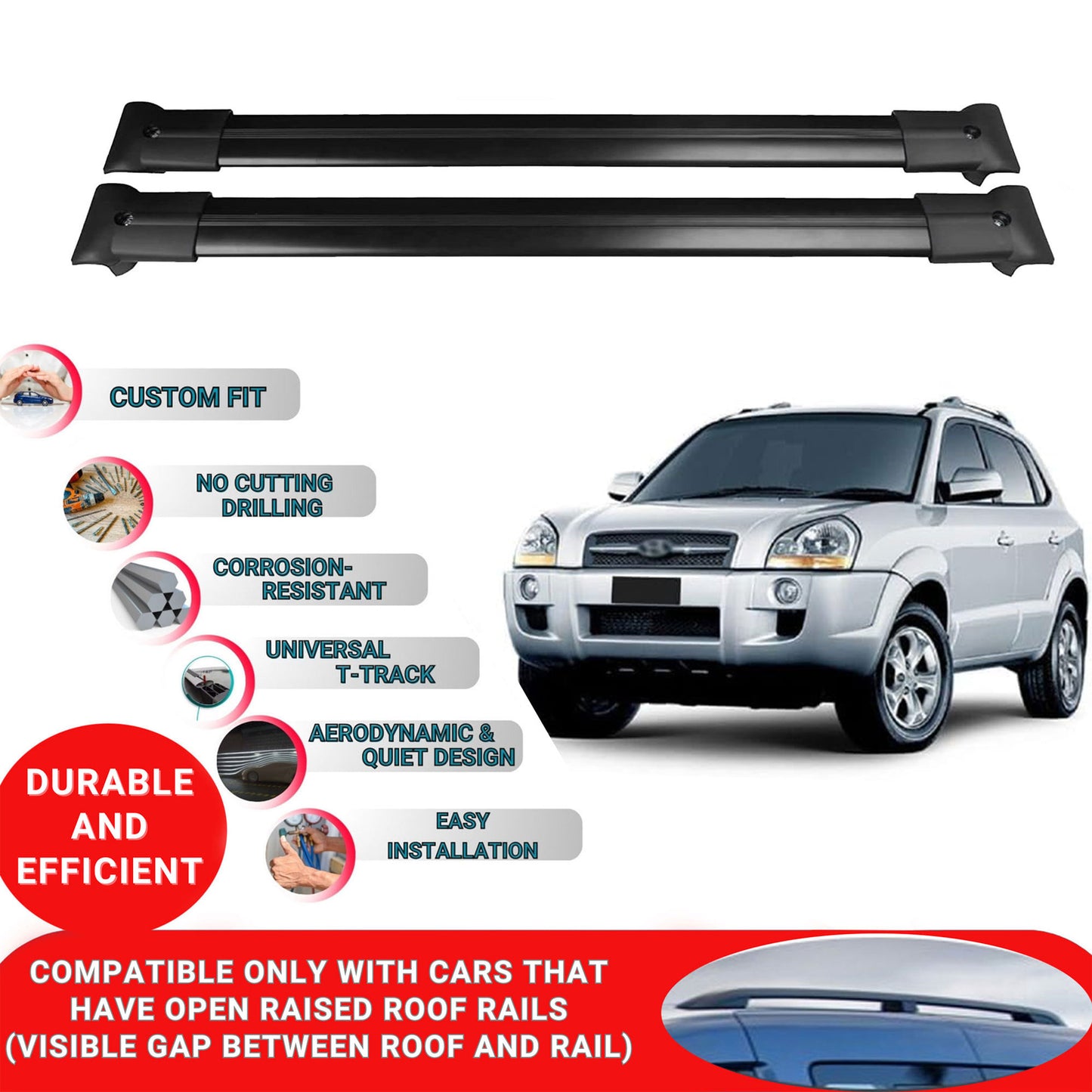 Roof Racks Cross Bars For Hyundai Tucson 2004-2009 2 Pcs Black