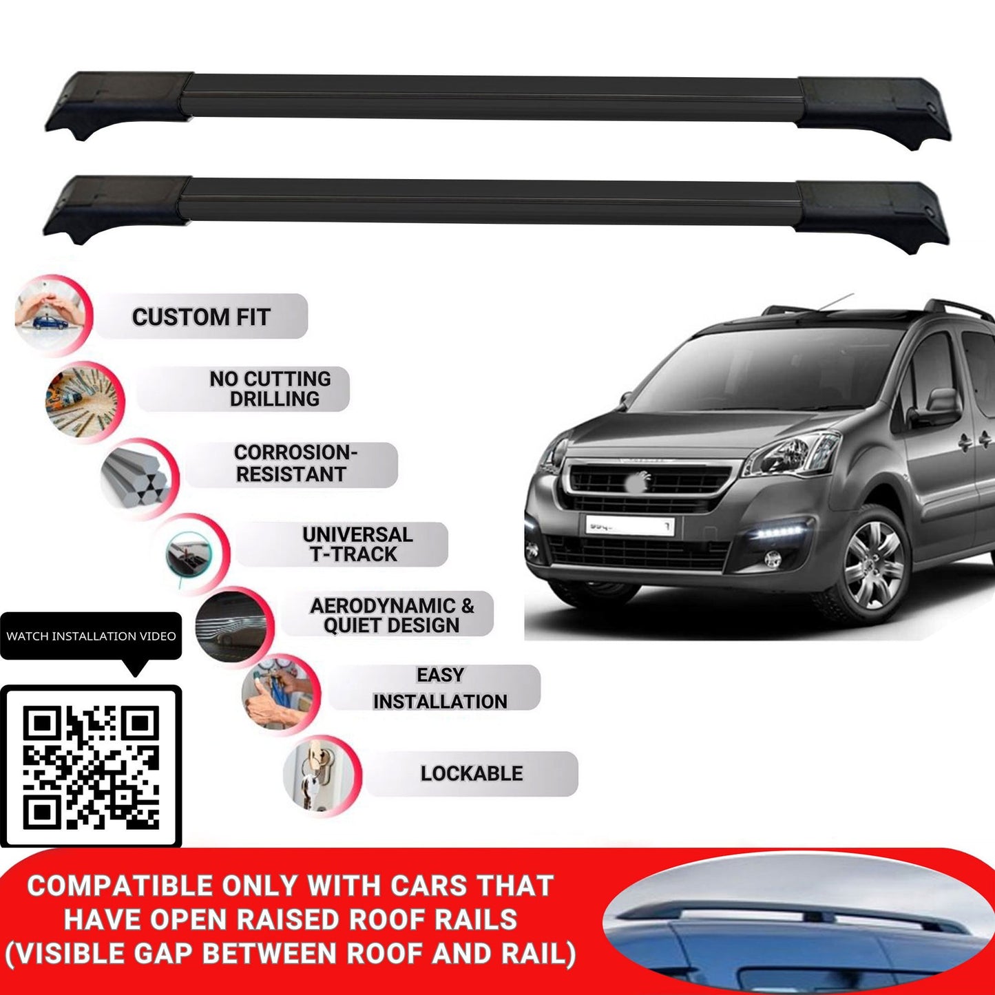 Roof Rack Cross Bars for Peugeot Partner Tepee Mpv 2008-2018 Lockable 2 Pcs Black